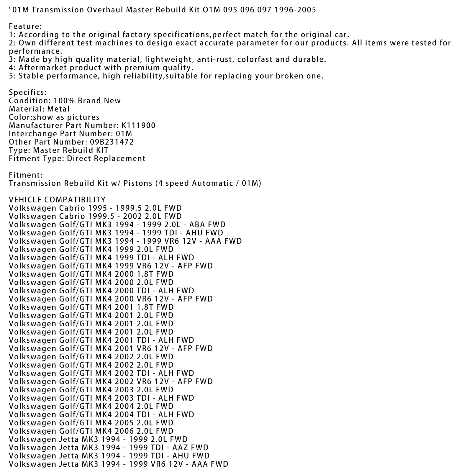 01M Transmissierevisie Master-revisieset O1M 095 096 097 1996-2005