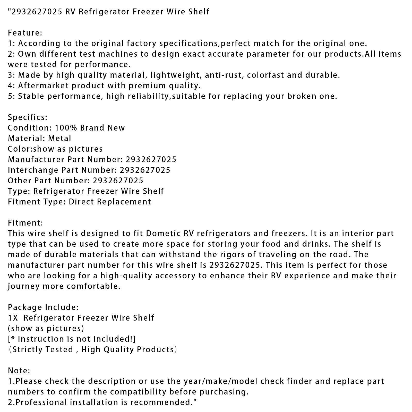 2932627025 RV Refrigerator Freezer Wire Shelf