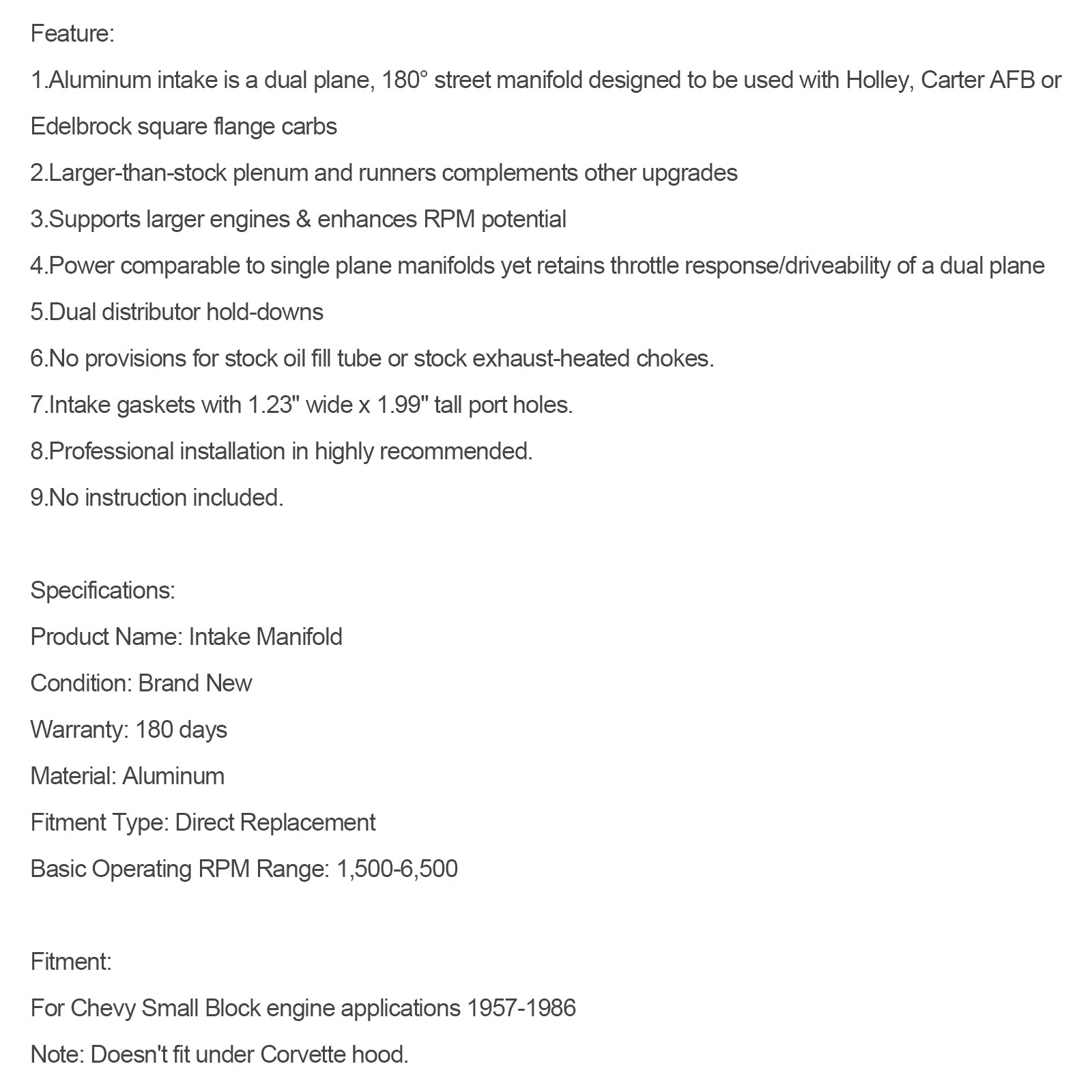 Dual Plane Inlaatspruitstuk geschikt voor Chevy Small Block 305 327 350 400 57-86 High Rise