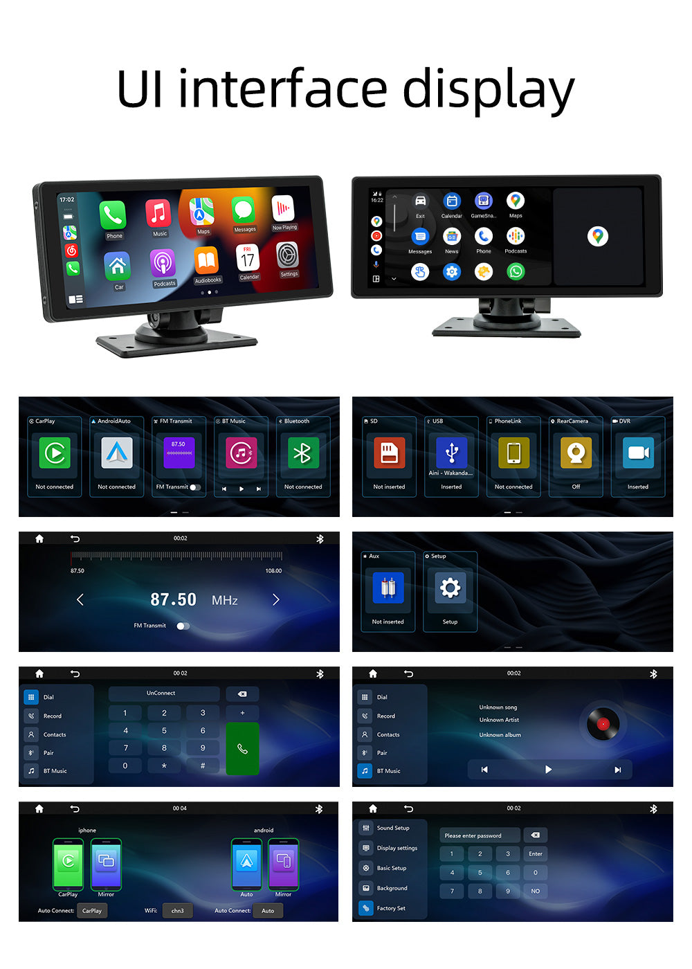 10.26" Draadloze CarPlay Bluetooth Radio FM Auto MP5 Speler AHD Recorder Camera