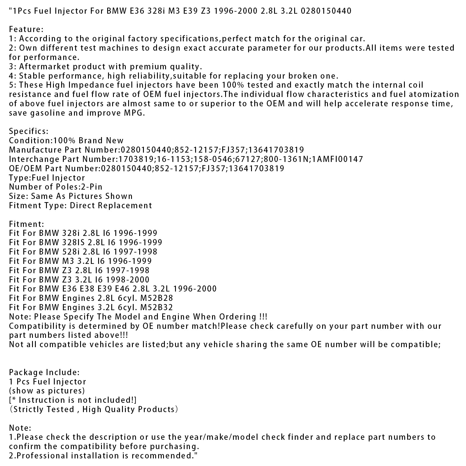1Pcs Fuel Injector For BMW E36 328i M3 E39 Z3 1996-2000 2.8L 3.2L 0280150440