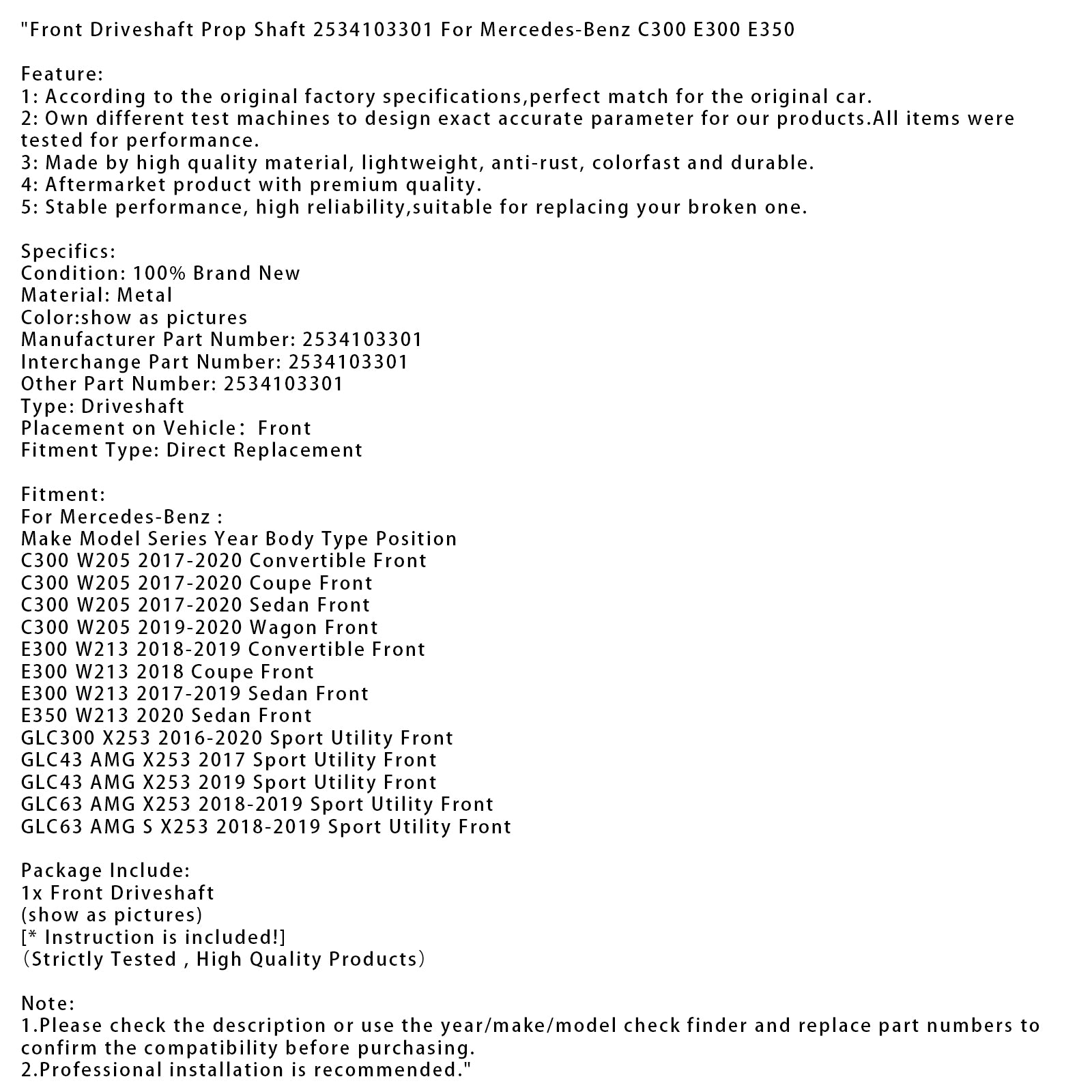 Arbre d'accessoire avant avant 2534103301 pour Mercedes-Benz C300 E300 E350