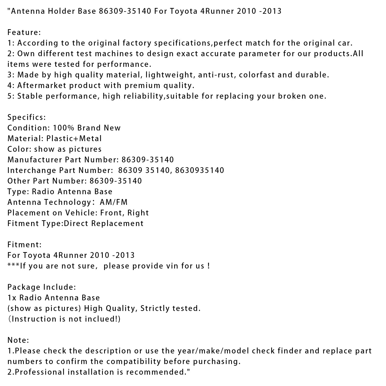 2010 -2013 Toyota 4Runner Antennhållare Base 86309-35140