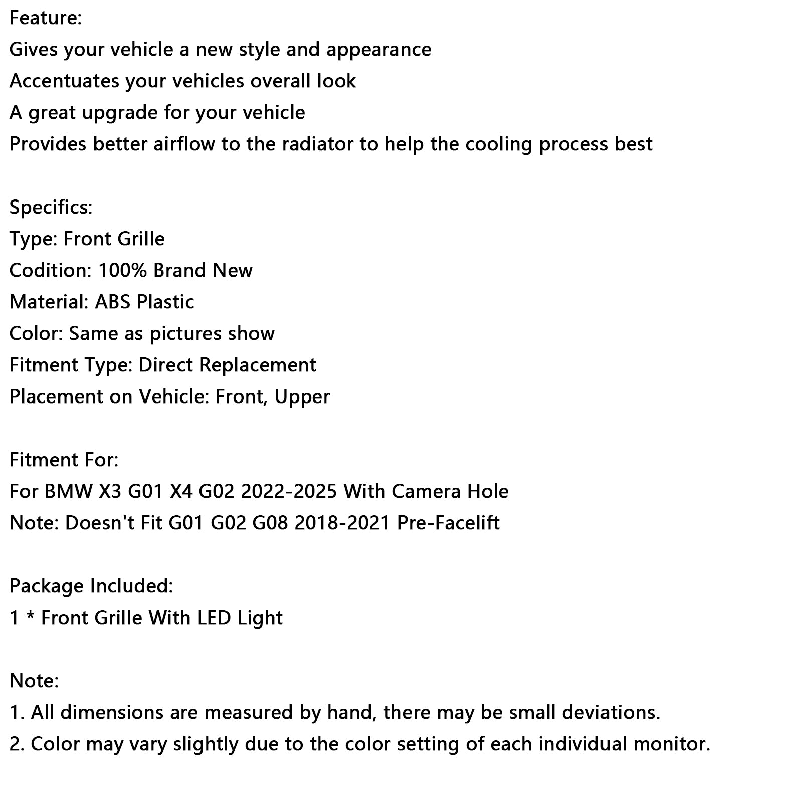 2022-2025 BMW X3 G01 X4 G02 Glossy Black Front Challe Tumper Rein avec trou de caméra