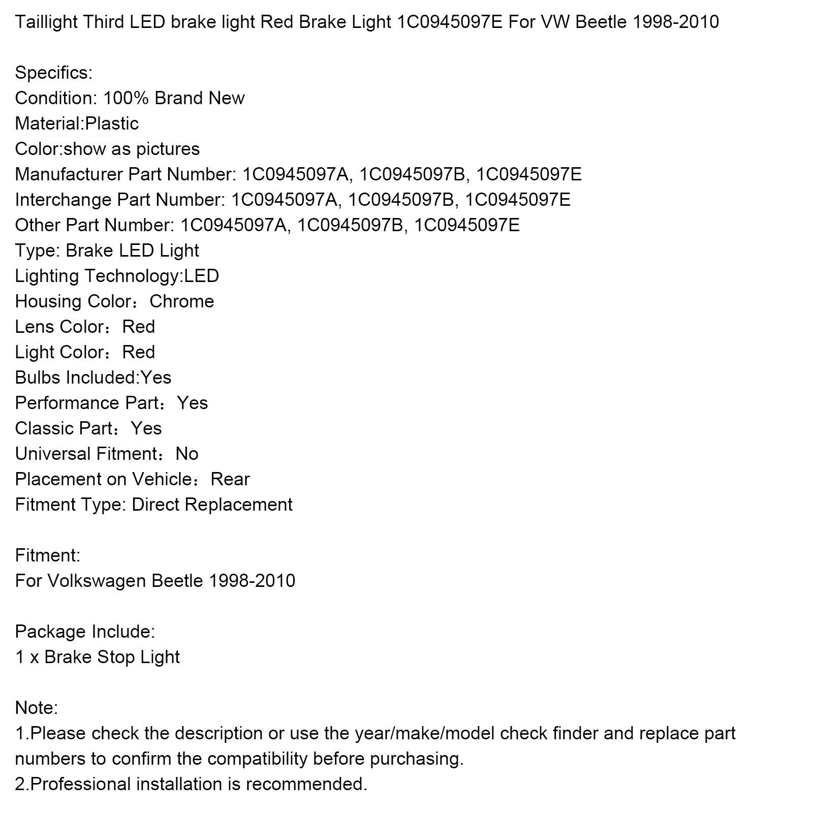 Baklys på tredje LED-bremselys rød bremselys 1C0945097E for VW Beetle 1998-2010