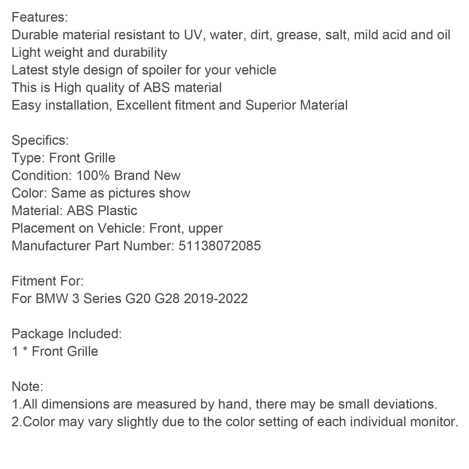 2019-2022 BMW 3 Series G20 G28 Gloss Black Kidney Grille Grill 51138072085