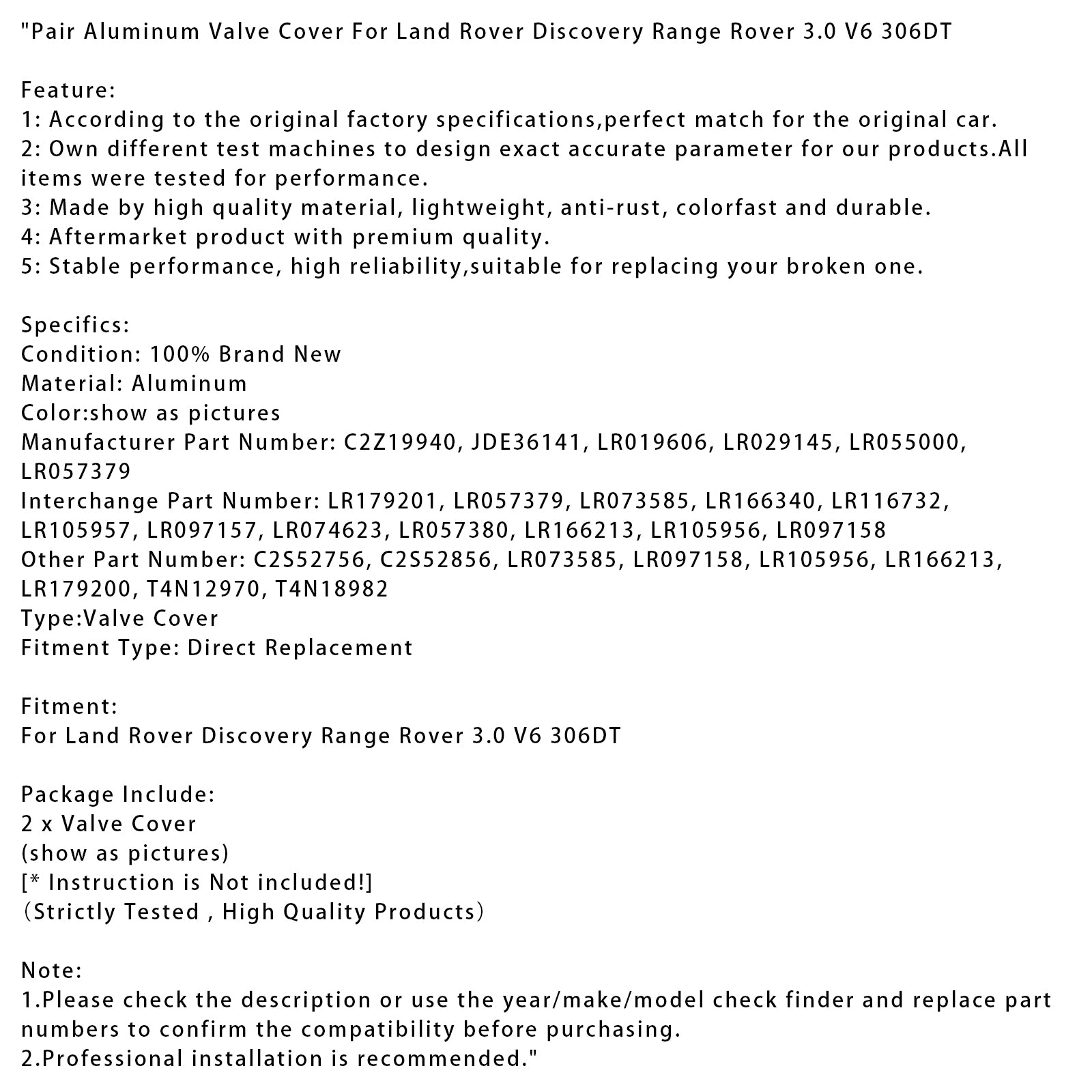 Paire de couvercles de Valve en aluminium, pour Land Rover Discovery Range Rover 3.0 V6 306DT