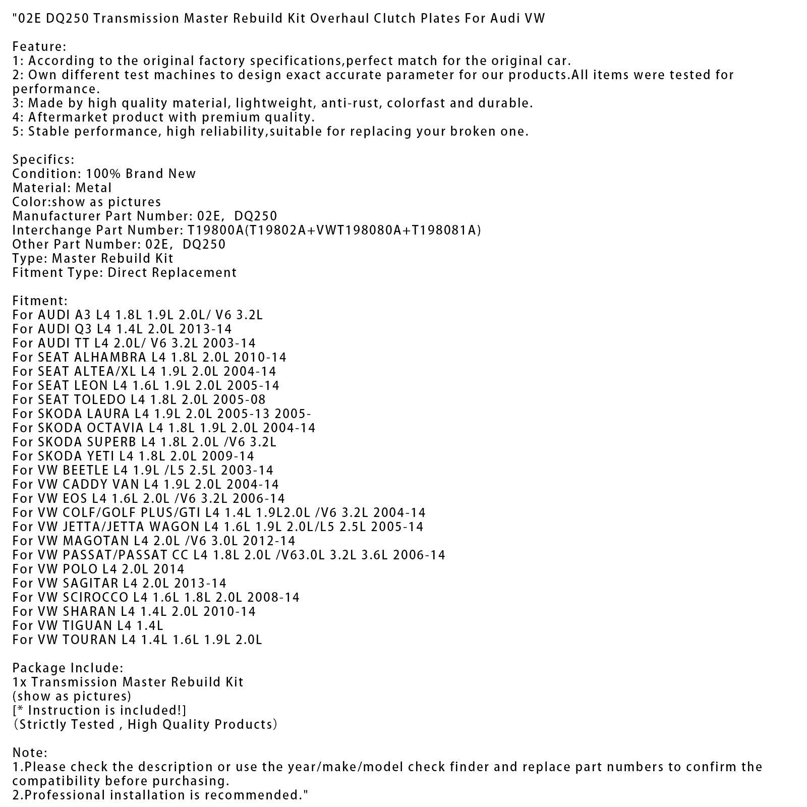 02E DQ250 Transmission Master Rebuild Kit de révision Plaques d'embrayage pour Audi VW