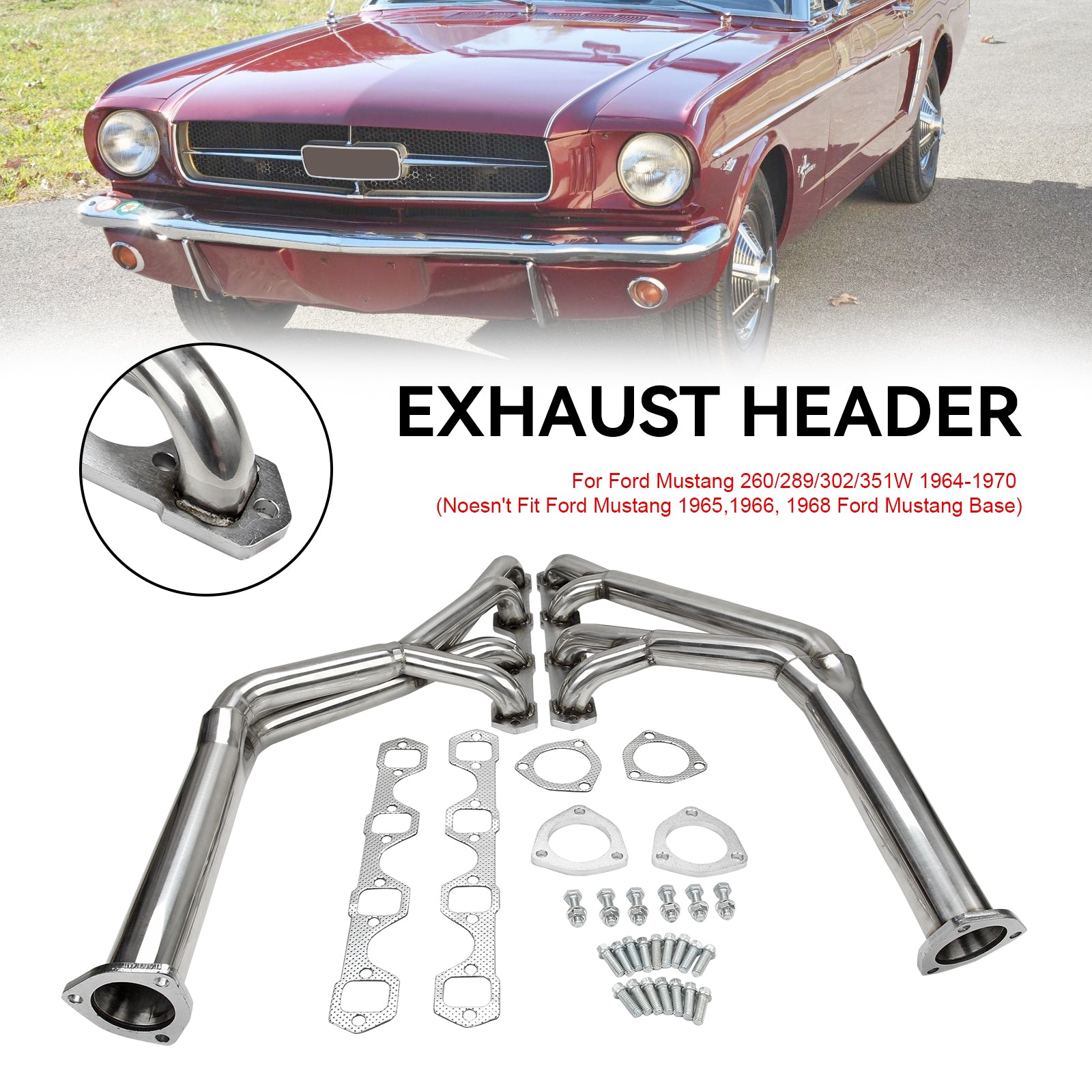 Colector de cabecera compatible con Mustang 260/289/302 V8 64-70 Tri-y Header de acero inoxidable