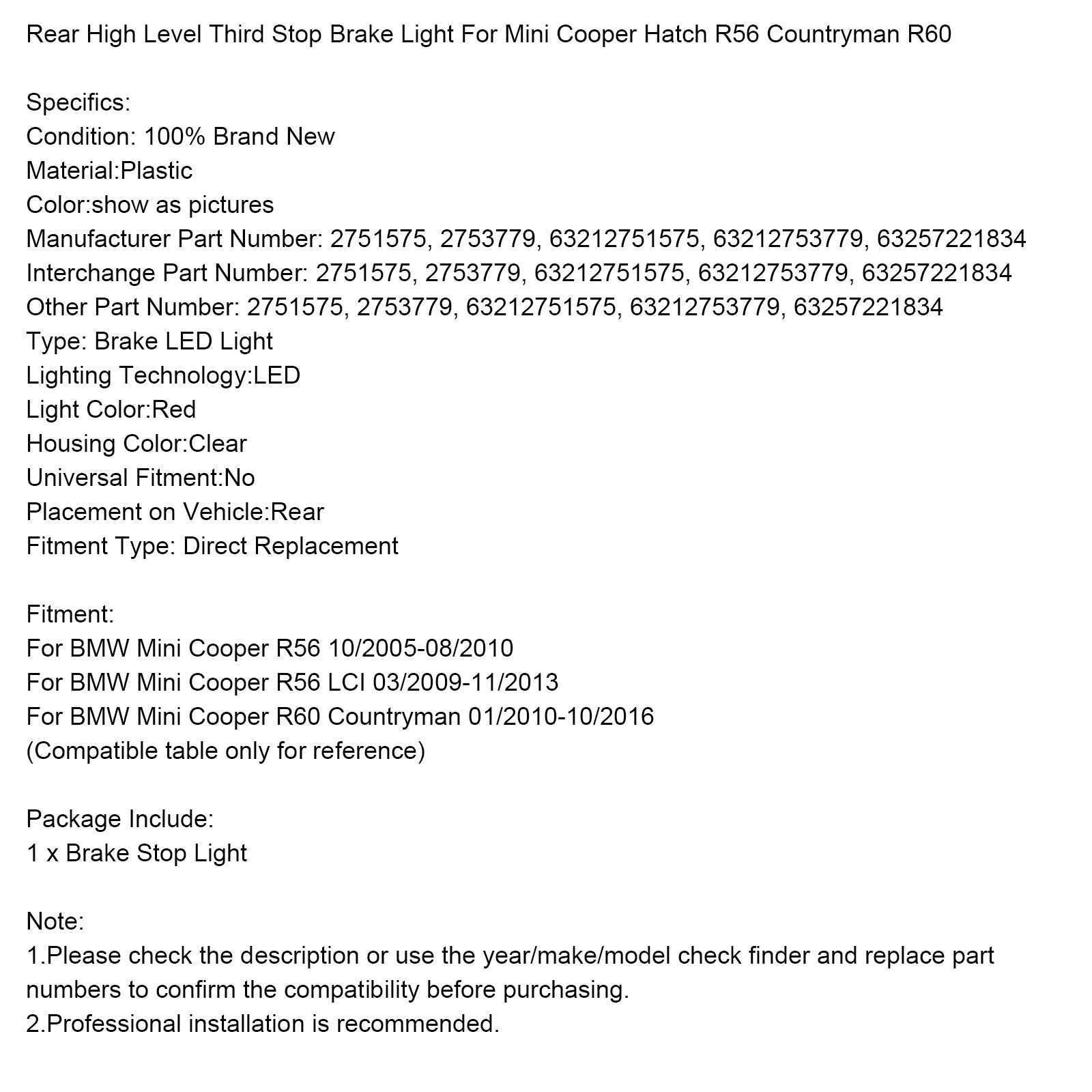 Bakre High Level Stop Broms Light För Mini Cooper Hatch R56 Countryman R60