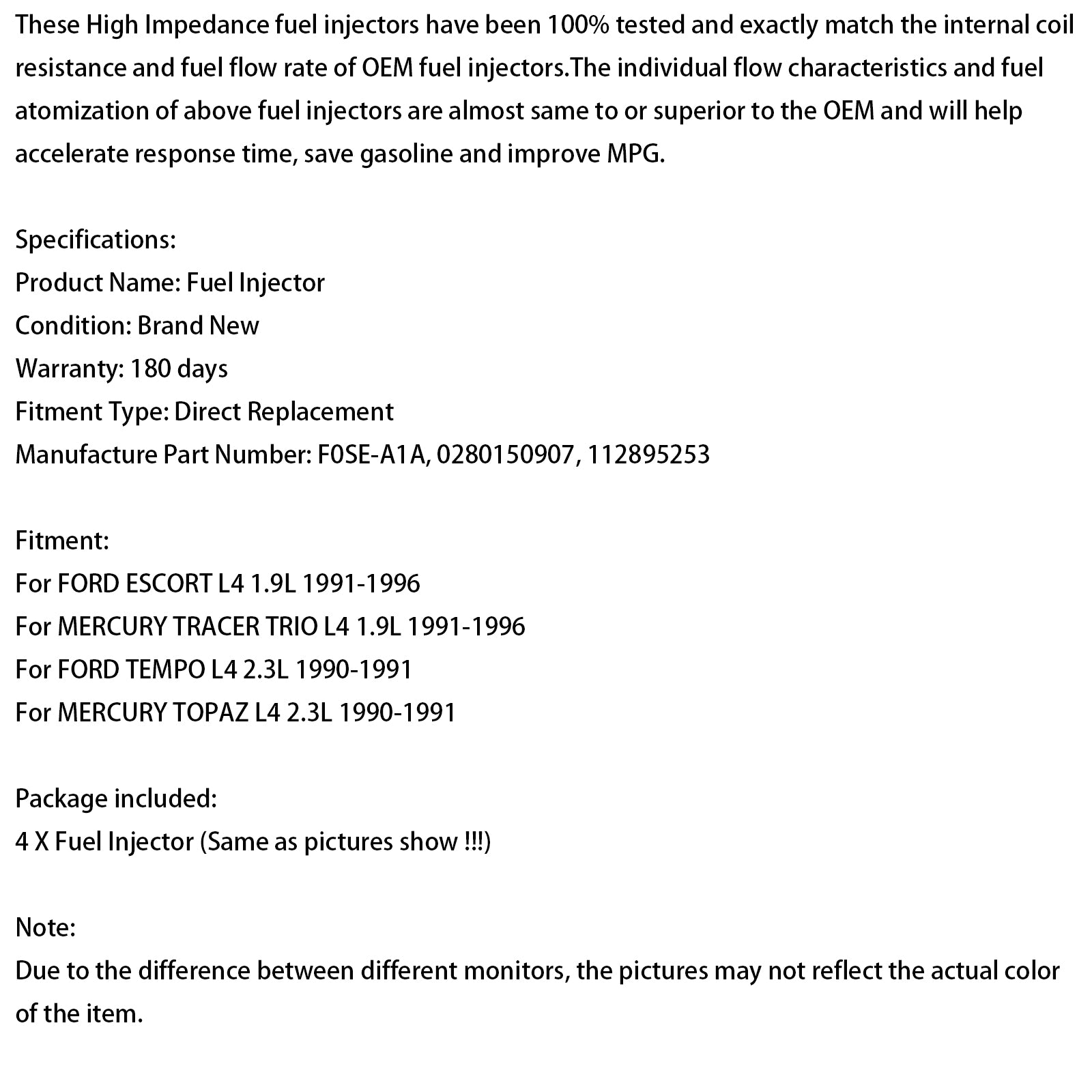 4PCS Fuel Injector 0280150907 Fit Ford Fit Mercury 1.9L 2.3L 1990-1996 F0SE-A1A