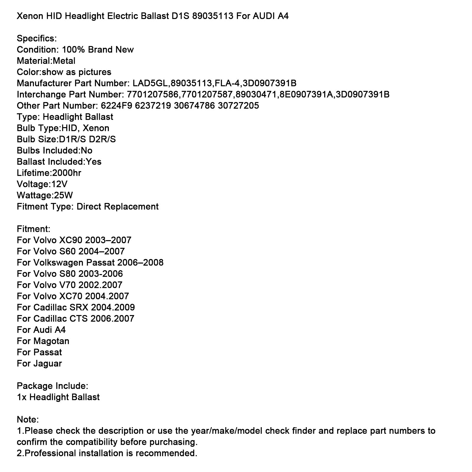 Xenon HID Headlight Electric Ballast D1S 89035113 For AUDI A4