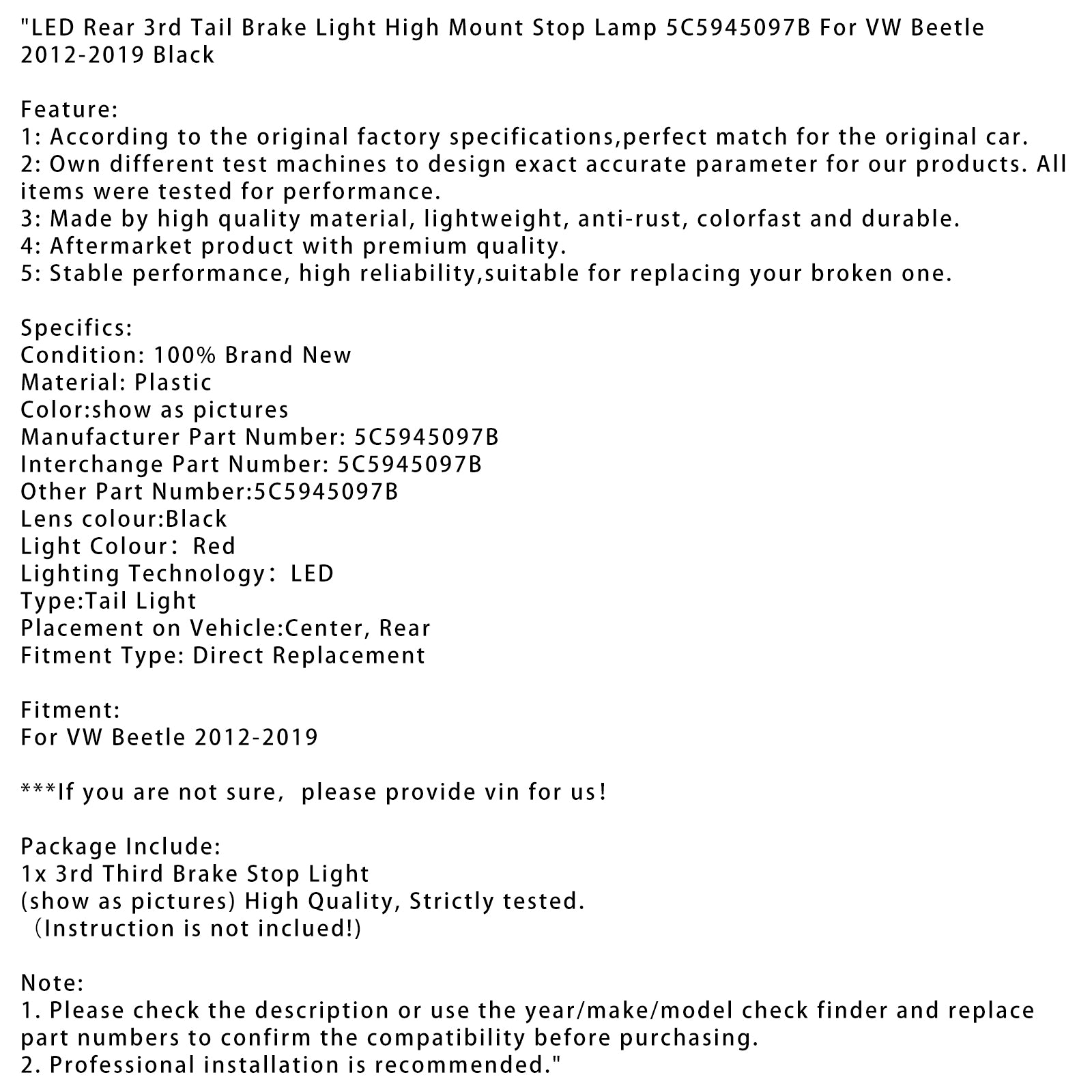 2012-2019 VW Beetle LED Zadná zadná brzdová brzdová brzdová osvetlenie vysokej držiaka Stop Lamp 5C5945097b