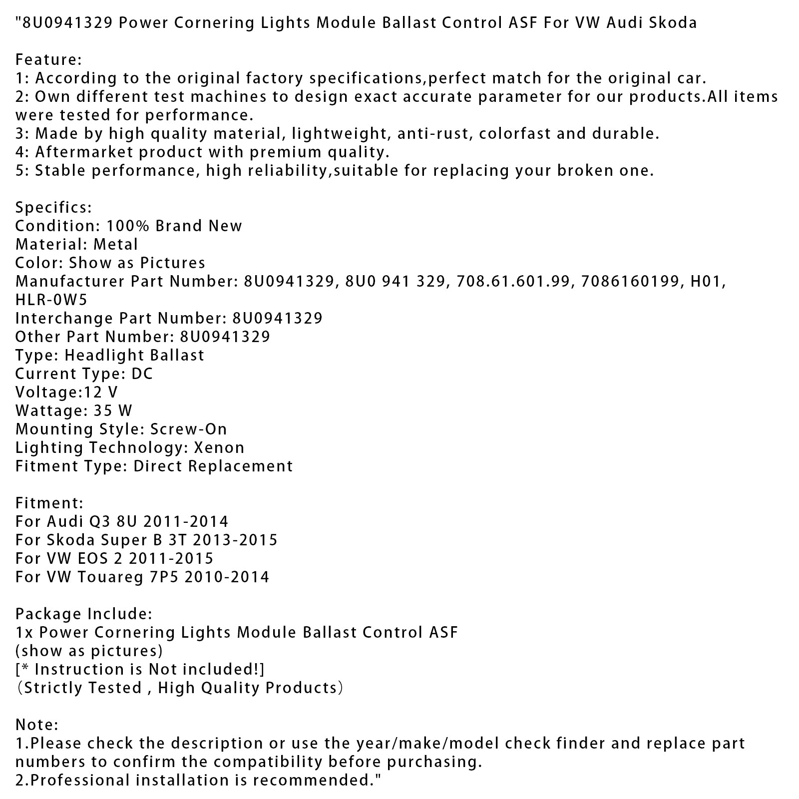 8U0941329 Power Cornering Lights Module Ballast Control ASF For VW Audi Skoda