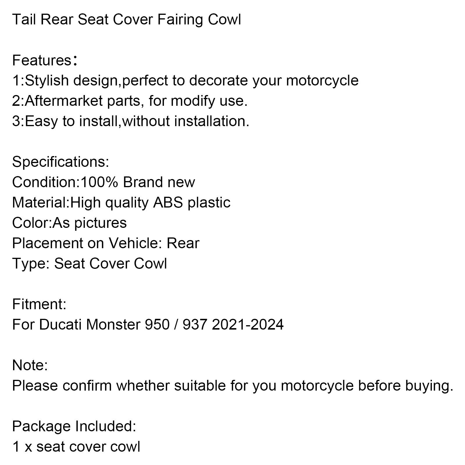 2021-2024 Ducati Monster 950 937 Hale baksete deksel Fairing Cowl