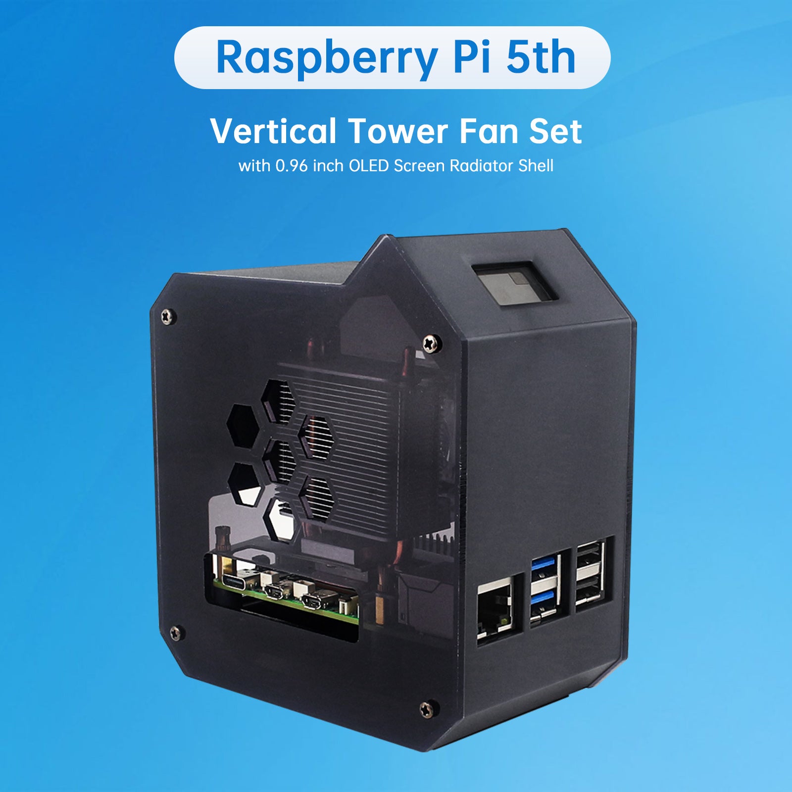 Raspberry Pi 5 Vertikal Tower Fan Set med 0,96 tum OLED SCREEN RADIATOR SCAL