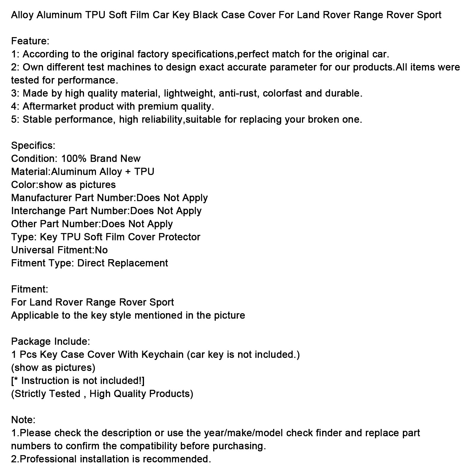 Alliage en aluminium TPU Soft Film Car Key Black Case Black Caxe pour Land Rover