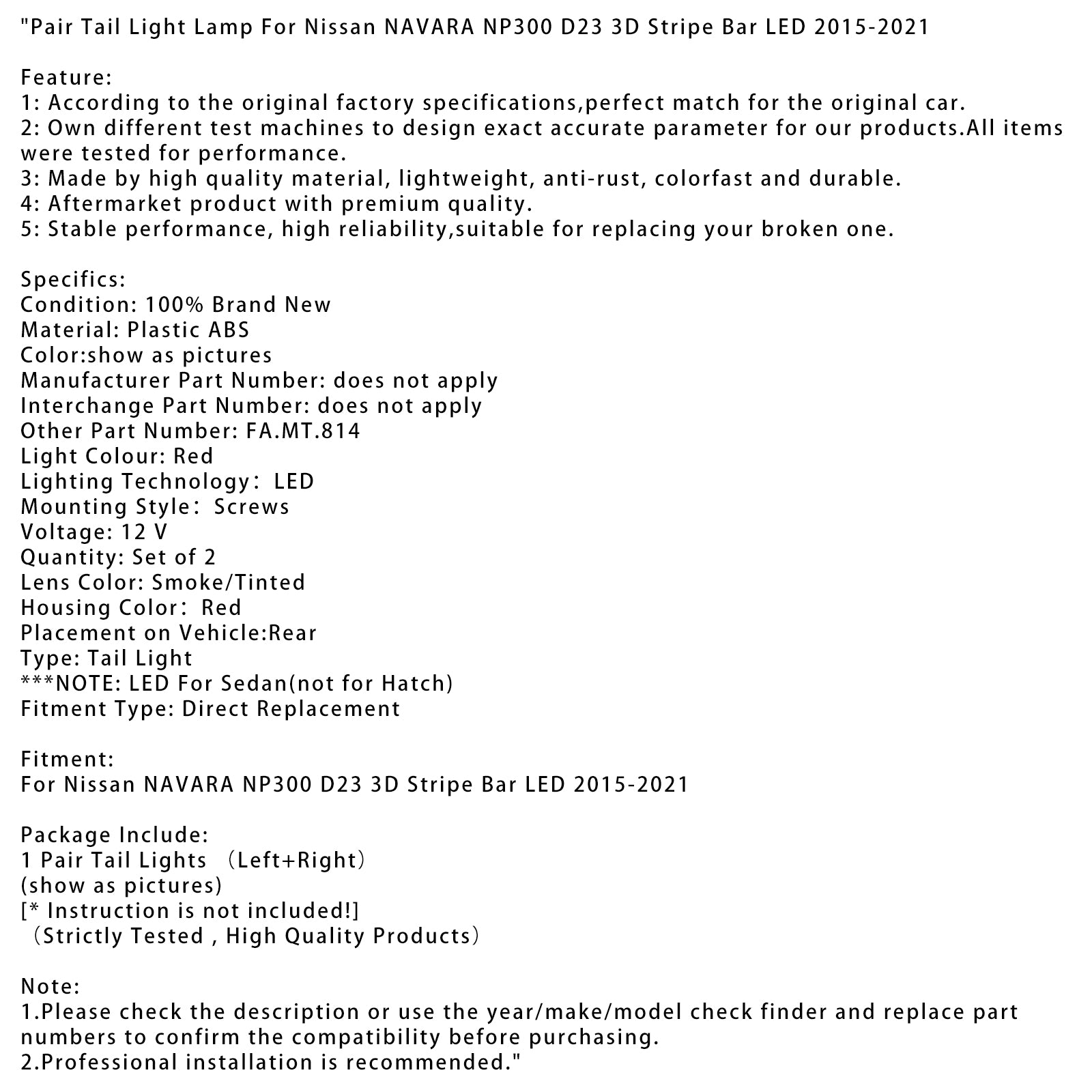 2015-2021 Nissan Navara NP300 D23 Bar 3D Bar à LED Paire lampe de feux arrière