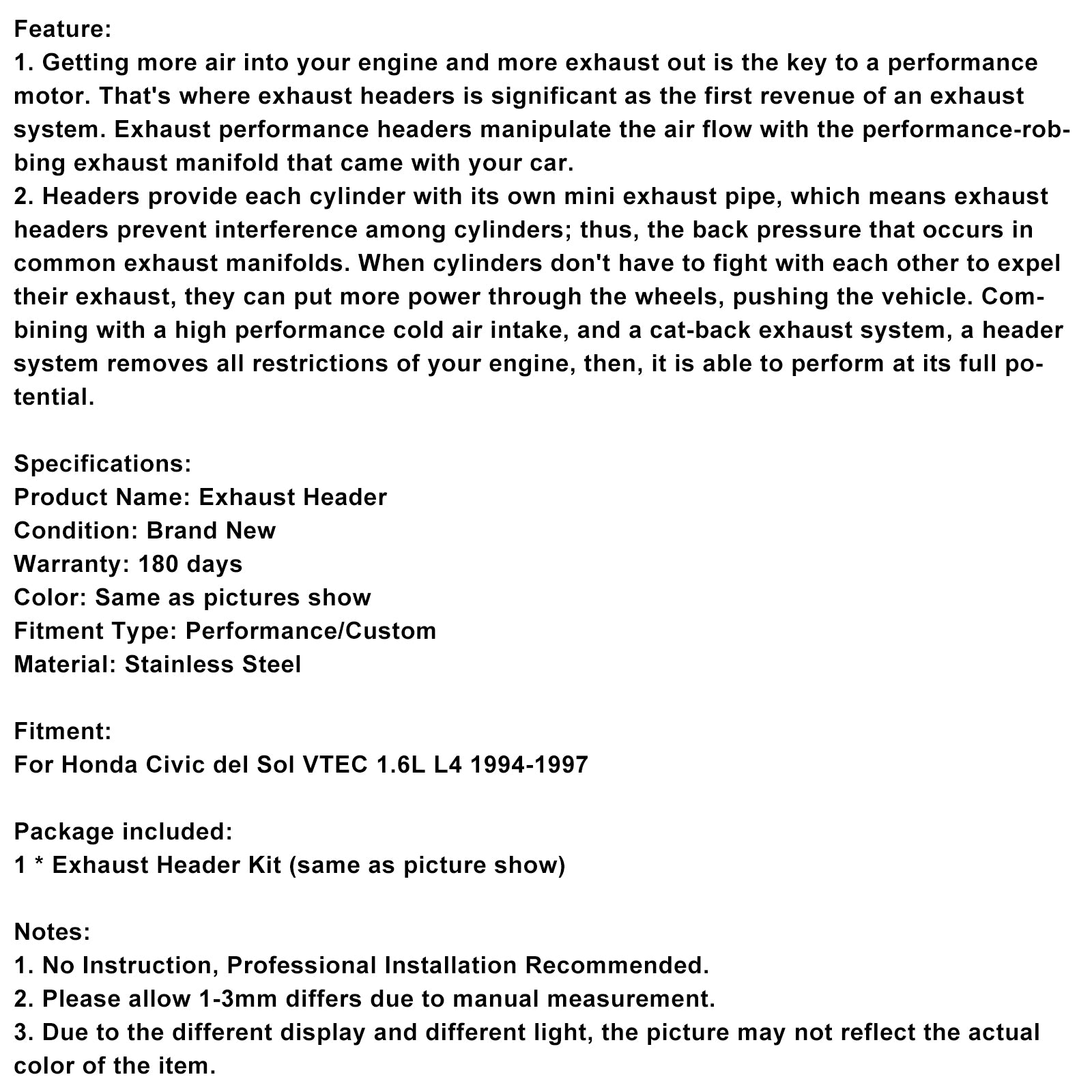 Stainless Exhaust Manifold Header Fit Honda Civic Del Sol 1.6L 4-1 1994-1997