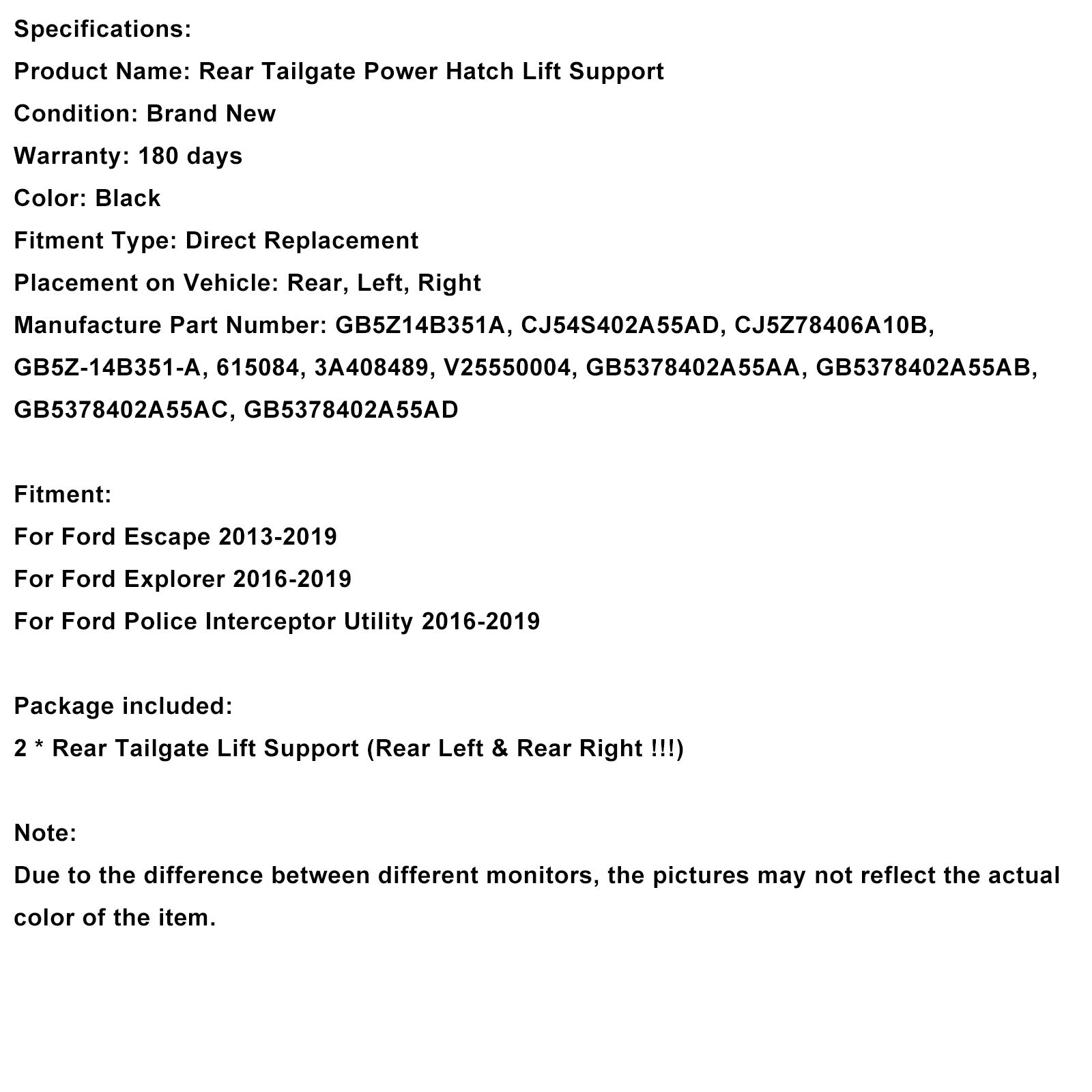 2016-2019 Explorer Escape Police Interceptor Utility 2PCS Rear Power Hatch Lift Support GB5Z14B351A