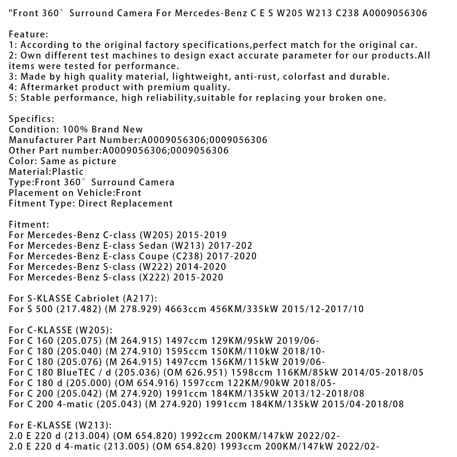 Front 360°Surround Camera For Mercedes-Benz C E S W205 W213 C238 A0009056306