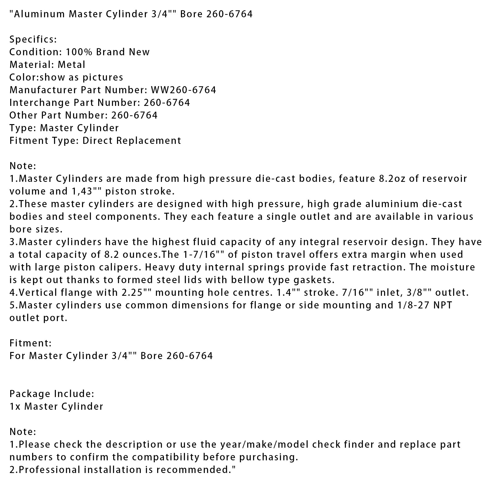 Aluminum Master Cylinder 3/4" Bore 260-6764