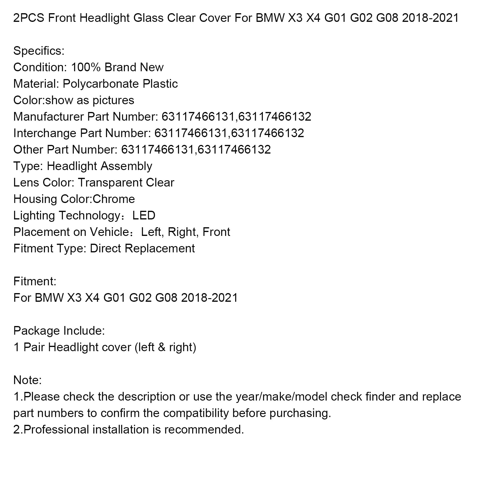 2018-2021 BMW X3 X4 G01 G02 G08 2 STUKS Koplamp Glas Helder Cover