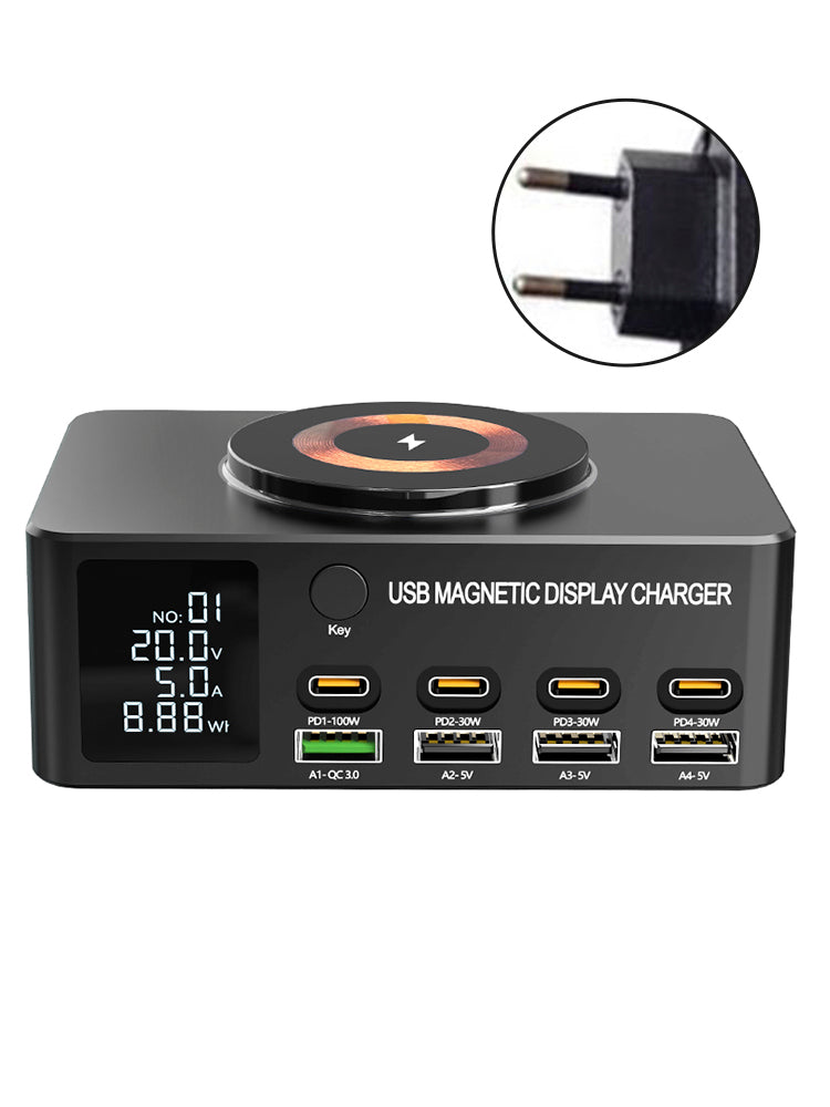 140W Fast ladelader Intelligent Digital Display PD100W Mobiltelefon Notatbok Magnetisk trådløs lading Multi-Port USB Charger EU Plug