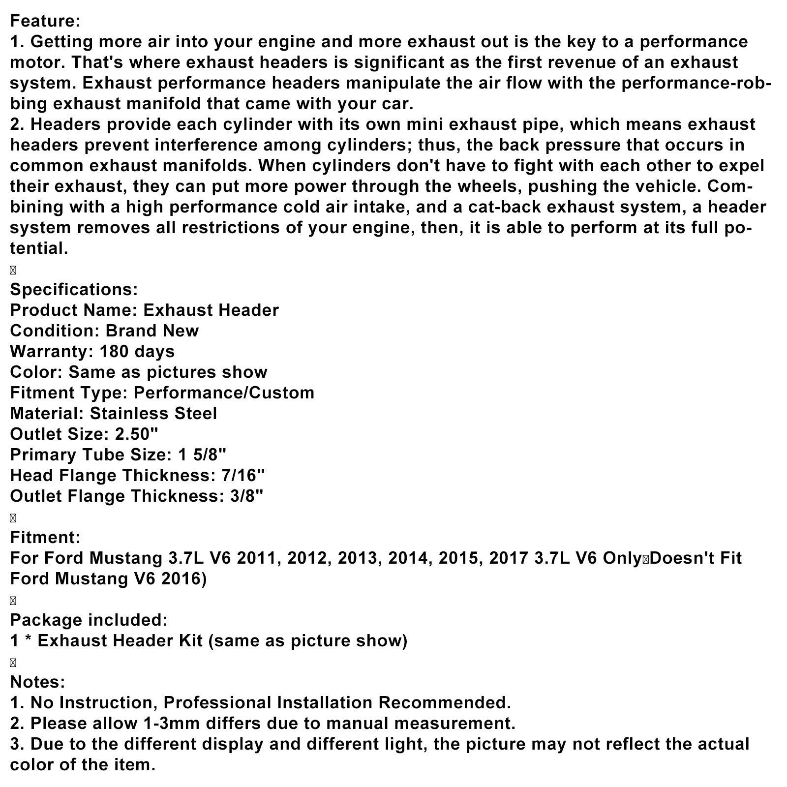 Stainless Steel Exhaust Manifold Header Fit Ford Mustang 3.7L V6 2011-2015