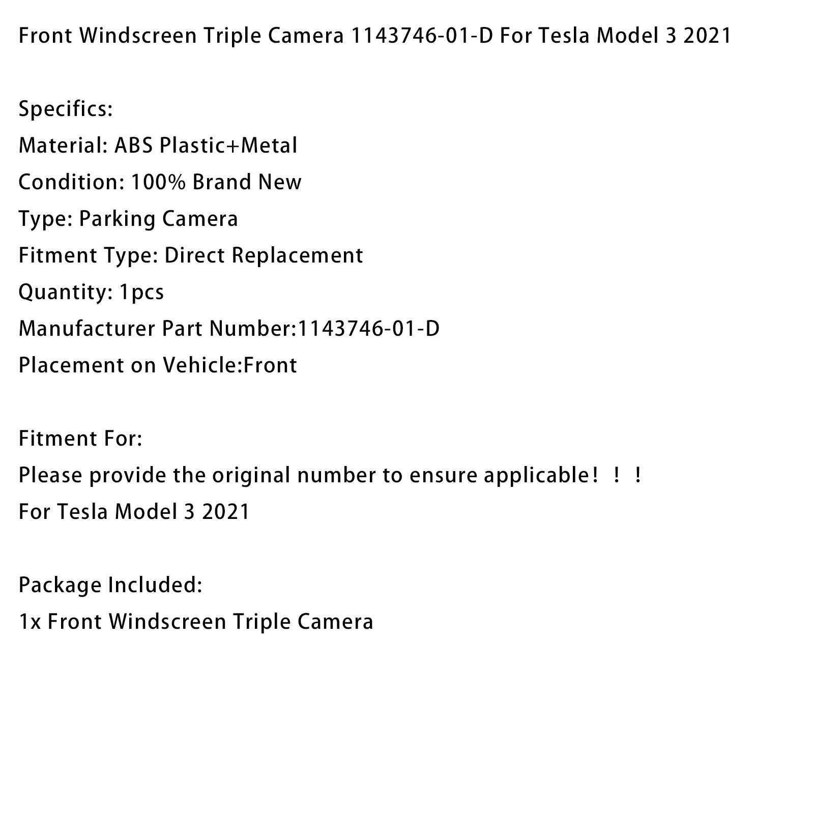 2021 Tesla Model 3 Front Windscreen Triple Camera 1143746-01-D