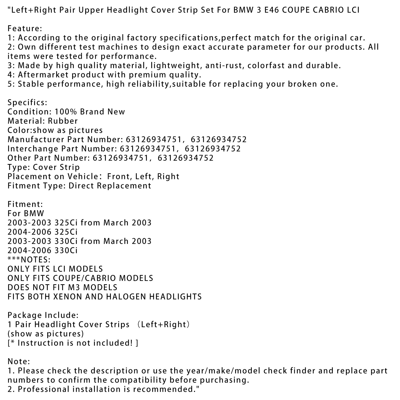 L+R -par övre strålkastare omslagsset für bmw 3 e46 coupe cabrio lci