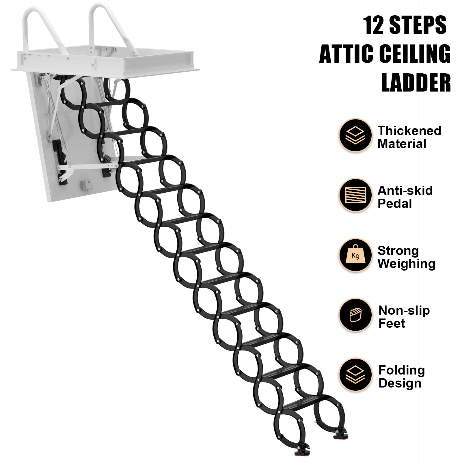 12 Steps Black Loft Wall Folding Pulldown Attic Ceiling Ladder Stairs 39.4*27.6"