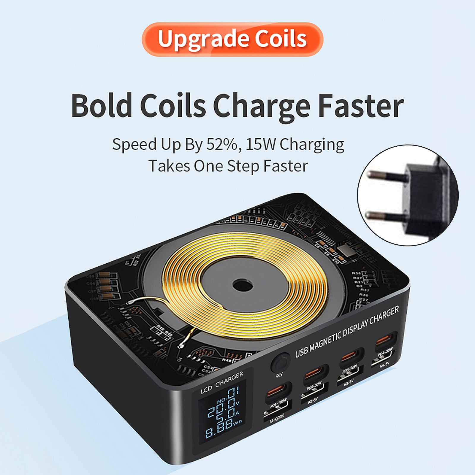 140W Fast ladelader Intelligent Digital Display PD100W Mobiltelefon Notatbok Magnetisk trådløs lading Multi-Port USB Charger EU Plug