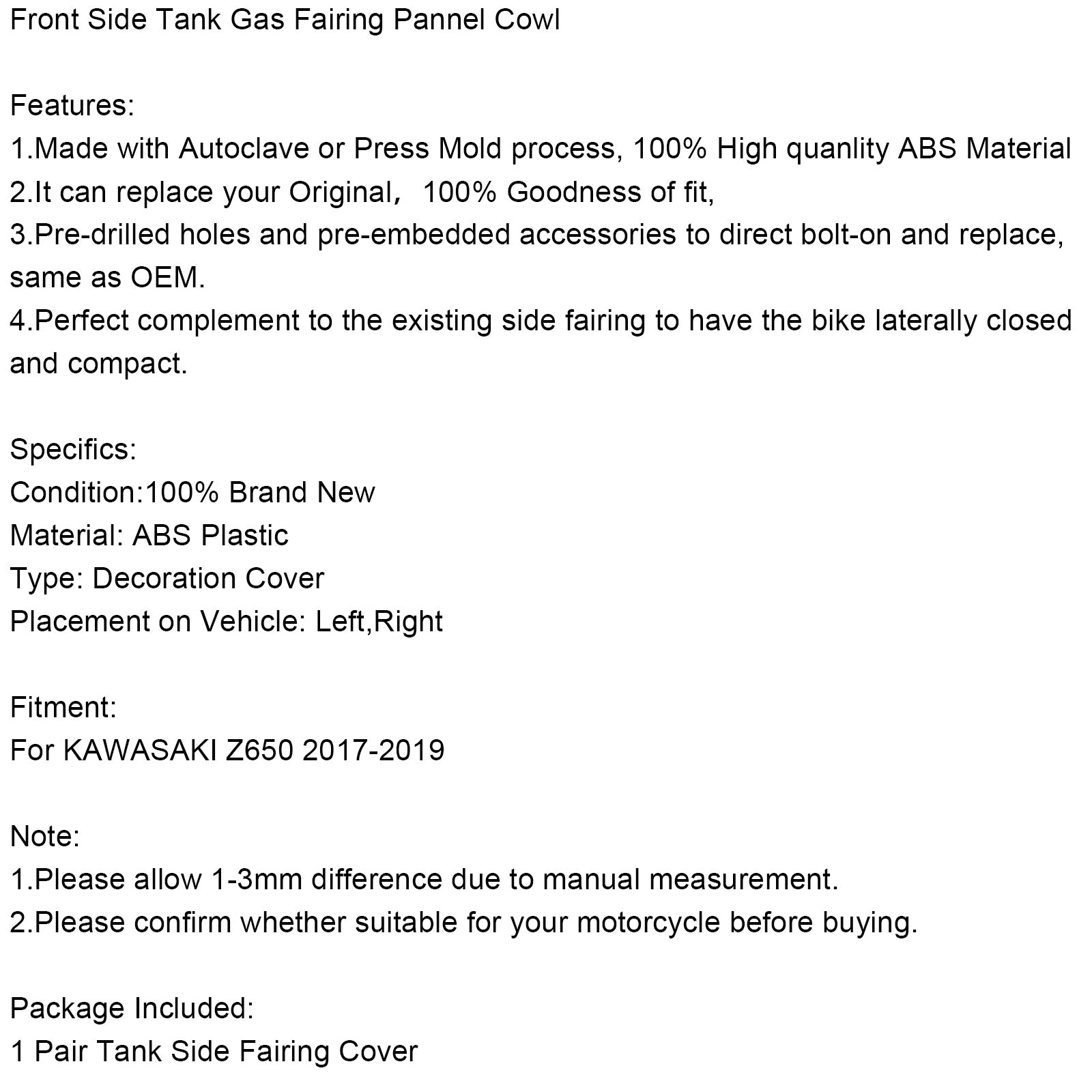 Capot de panneau de carénage de garniture de gaz de réservoir latéral avant pour Kawasaki Z650 2017 2018 2019