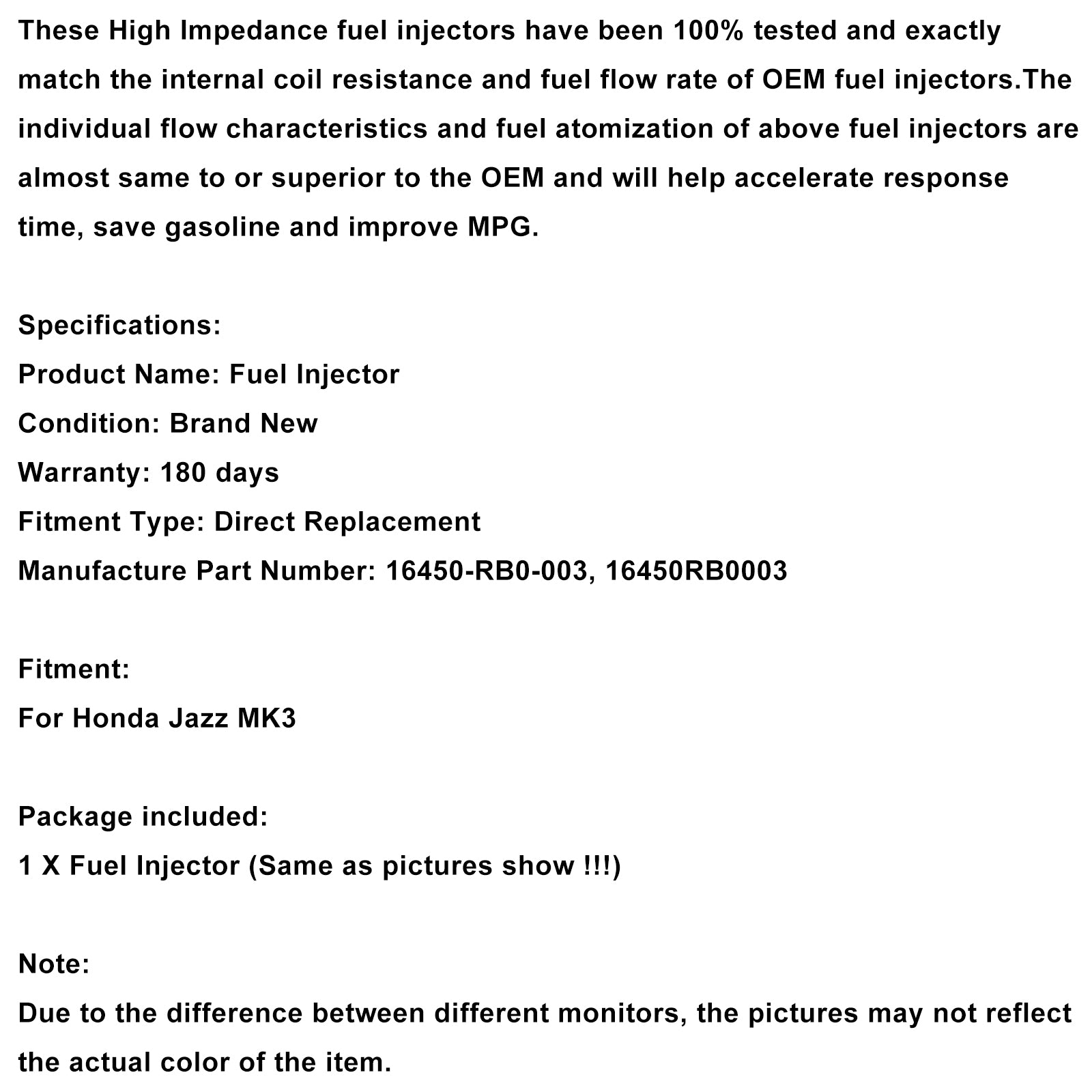 Honda Jazz MK3 gasolina 1 Uds inyector de combustible 16450-RB0-003 16450RB0003