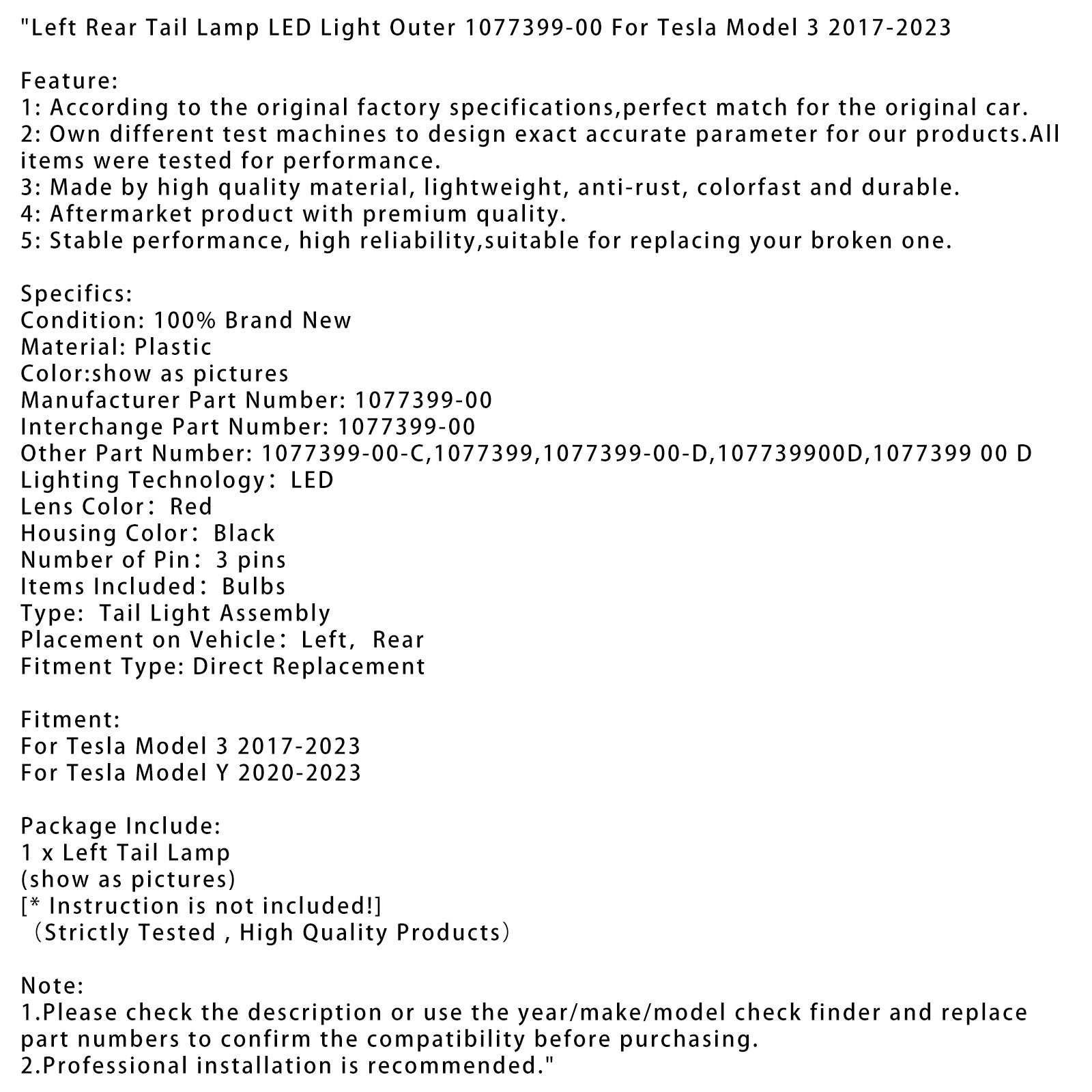 2020-2023 Tesla Model y ľavá zadná zadná žiarovka LED svetlo vonkajšia 1077399-00