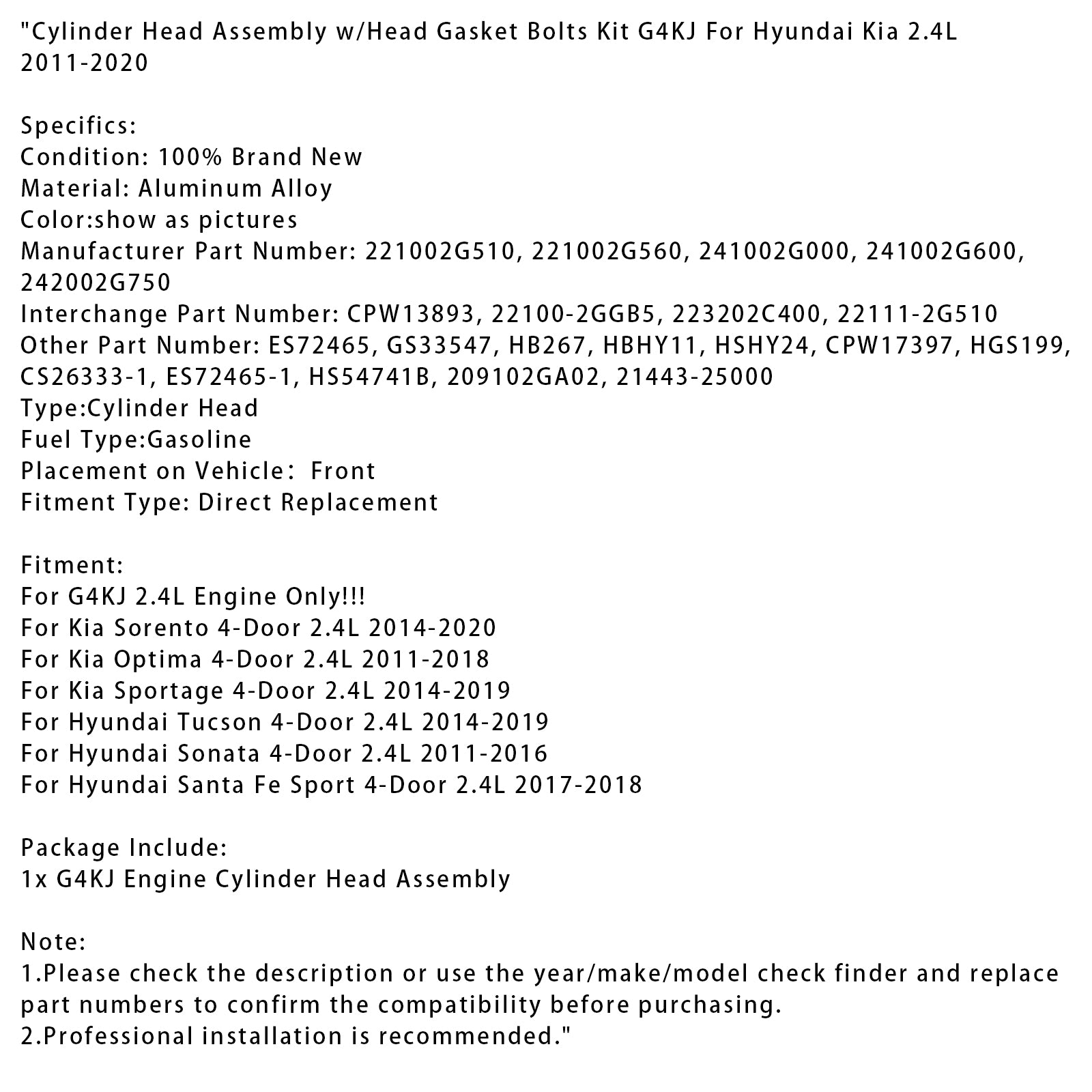 Cylinder Head Assembly w/Head Gasket Bolts Kit G4KJ For Hyundai Kia 2.4L 11-2020