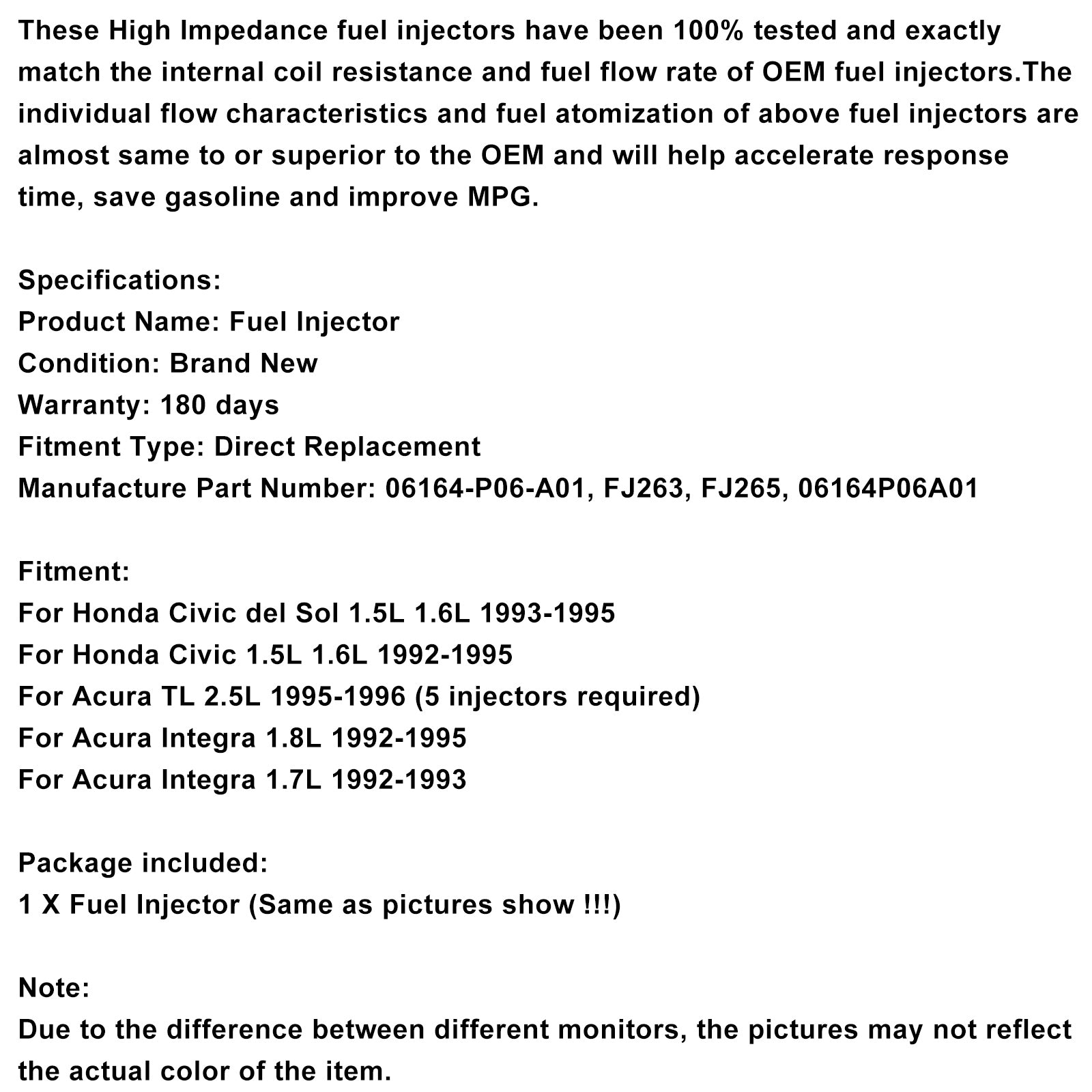 1pcs injecteur de carburant 06164-P06-A01 Fit Civic del Sol 1.5L 1.6L Integra 1.7L 1.8L