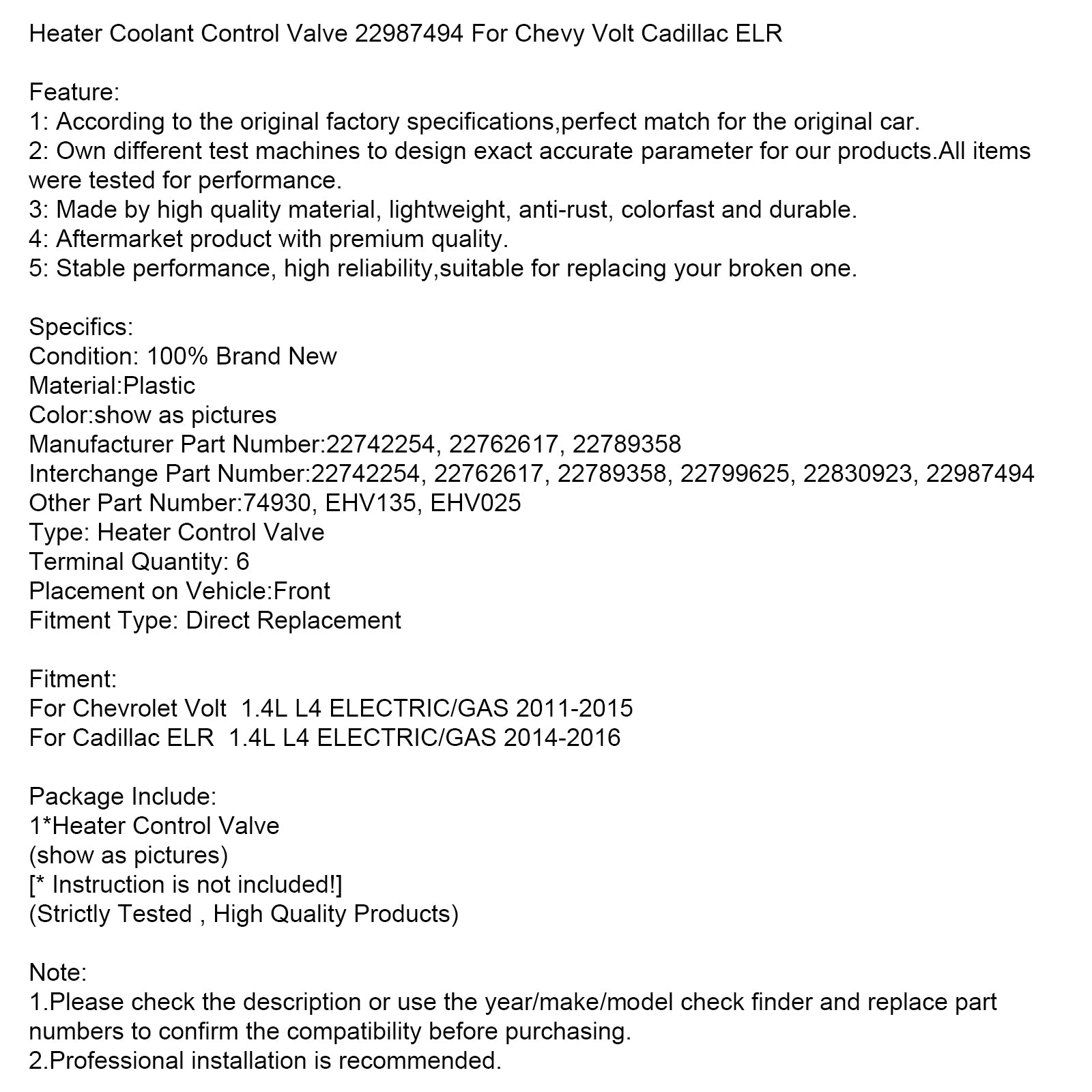 Heater Coolant Control Valve 22987494 For Chevy Volt Cadillac ELR