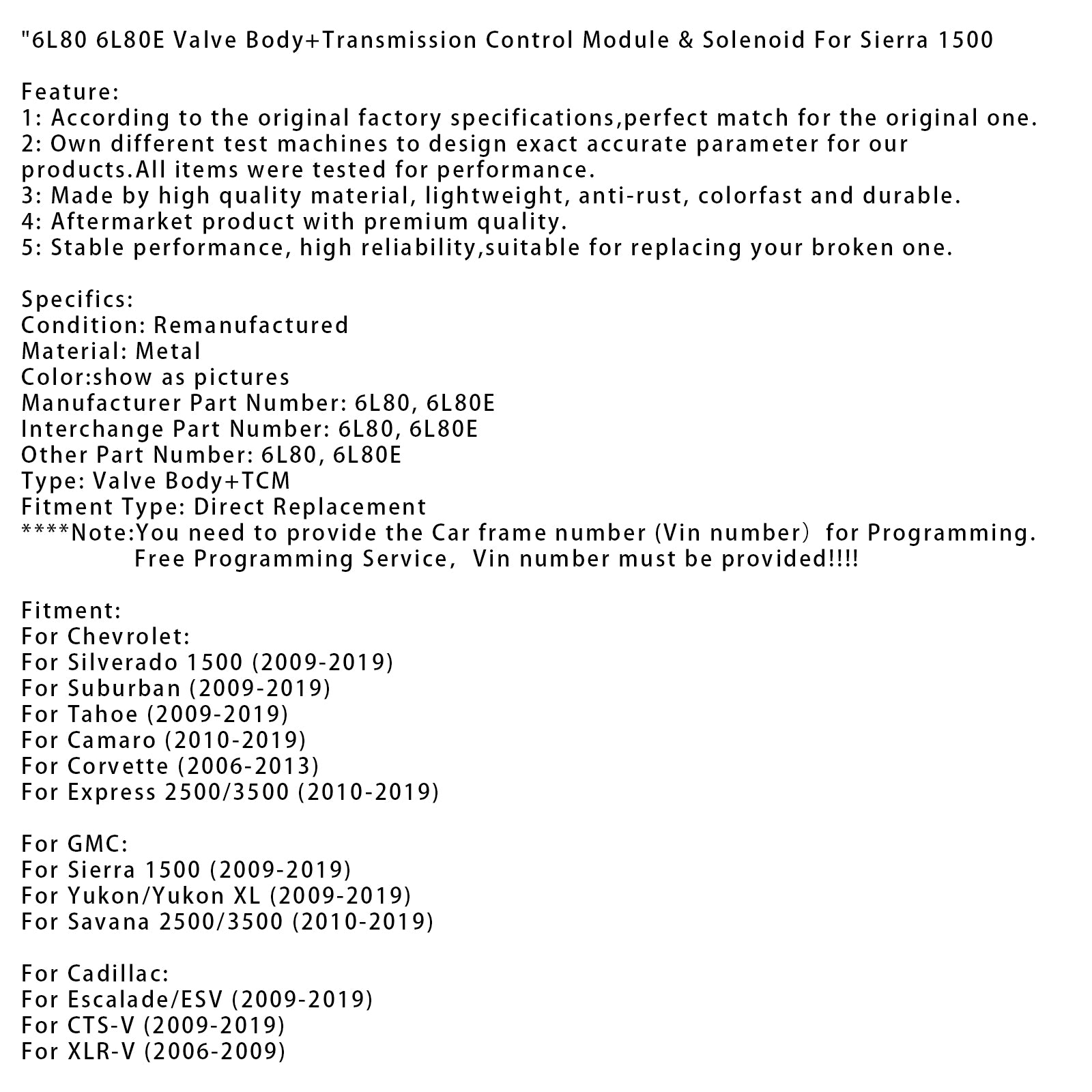 Pontiac 2008-2009: Cuerpo de válvulas G8 6L80 6L80E + módulo de control de transmisión & Solenoide