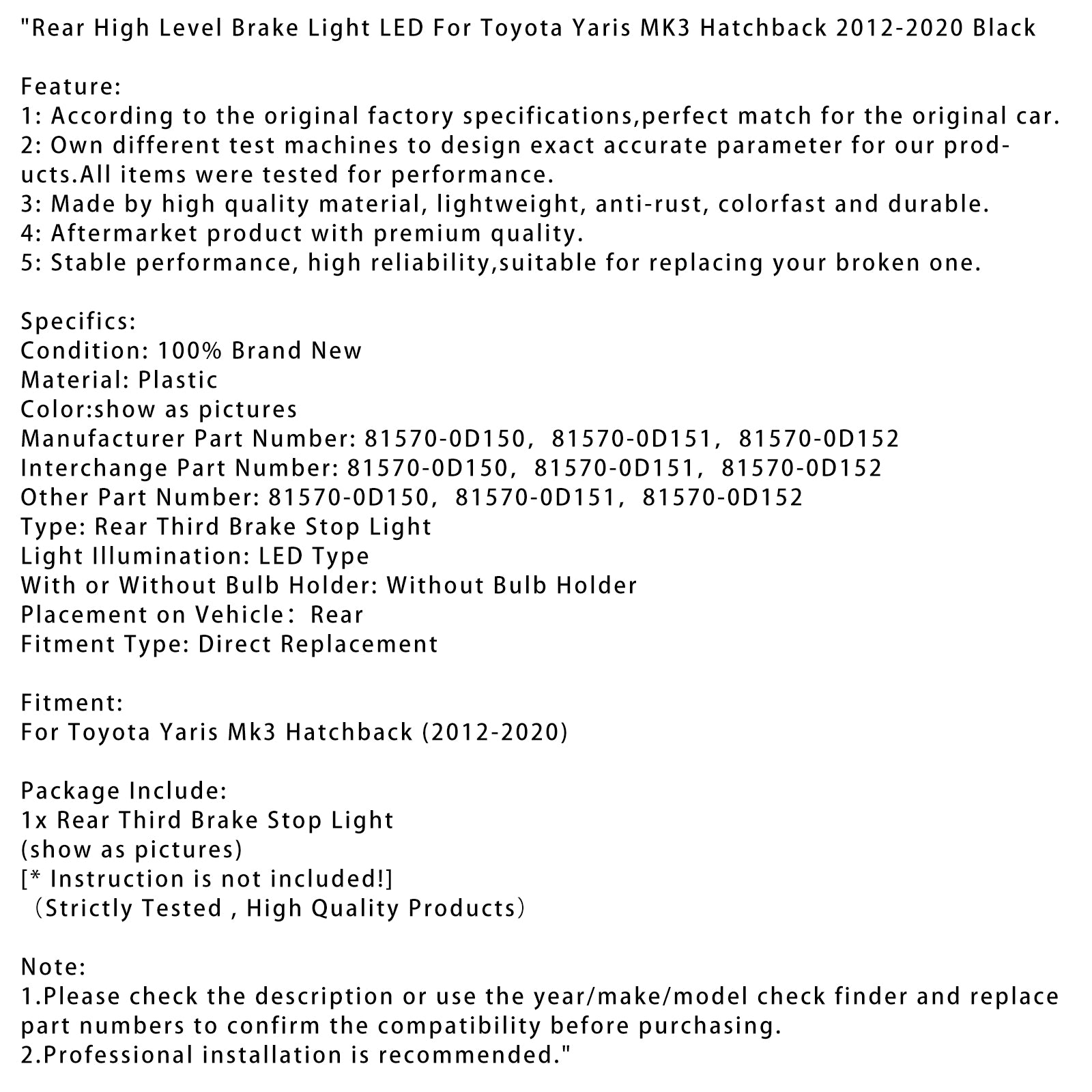 2012-2020 Toyota Yaris MK3 Hatchback Achterremlicht LED BLK 81570-0D150