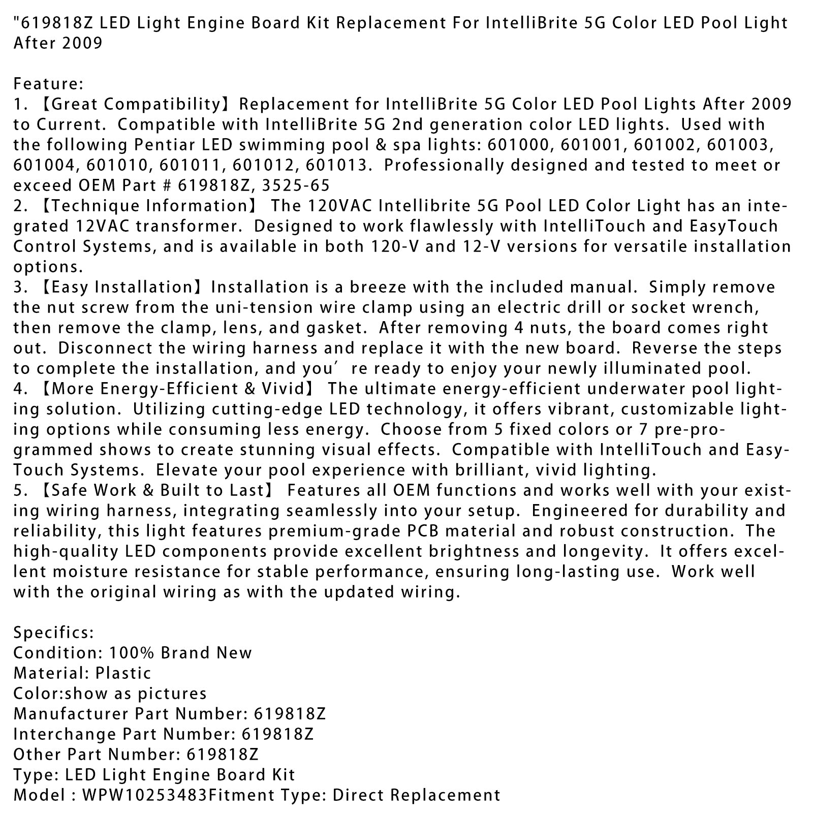 619818Z LED ľahká súprava na dosku s ľahkými motormi pre Intellibrite 5G Color LED bazén Light