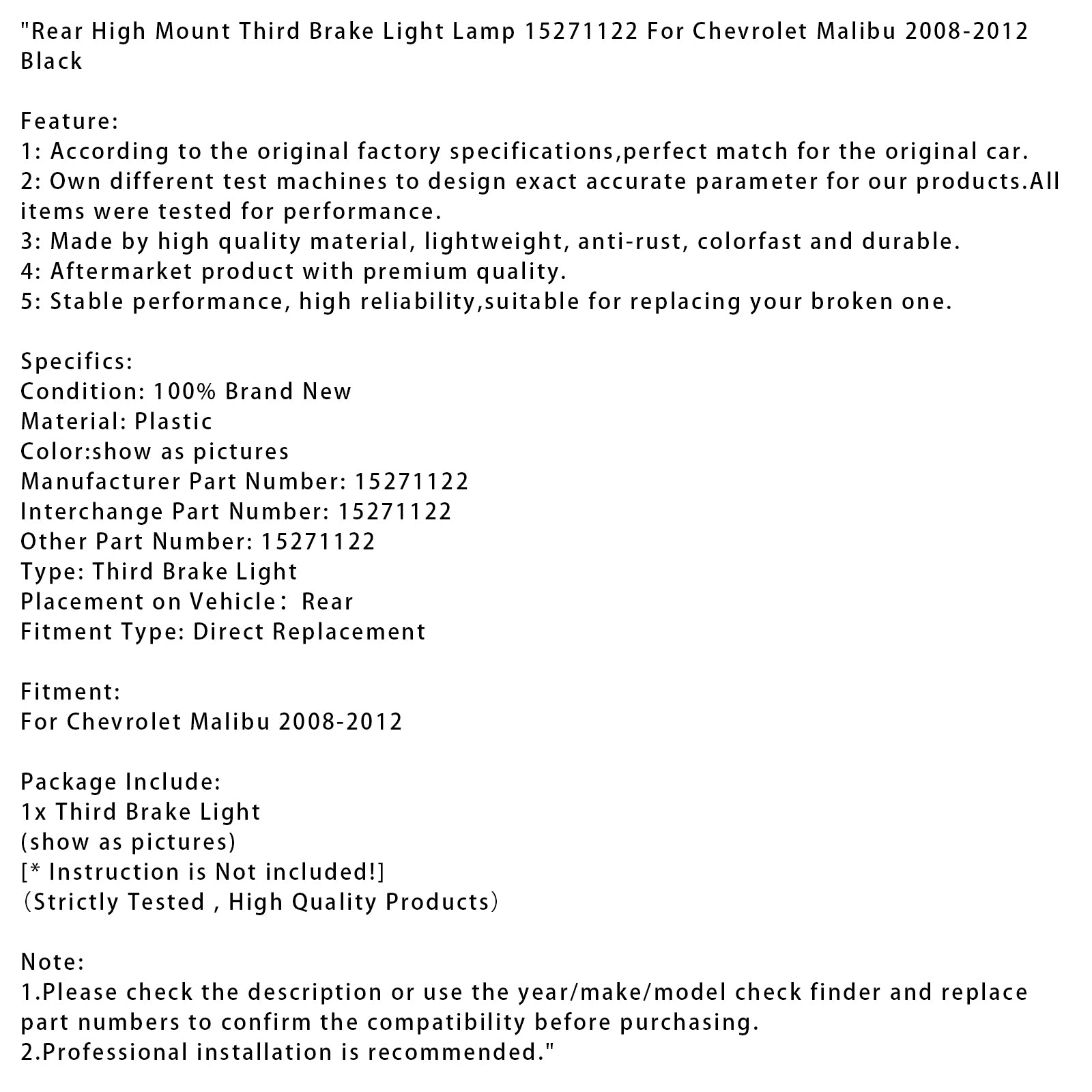 Rear High Mount Third Brake Light Lamp For Chevrolet Malibu 2008-2012 Black