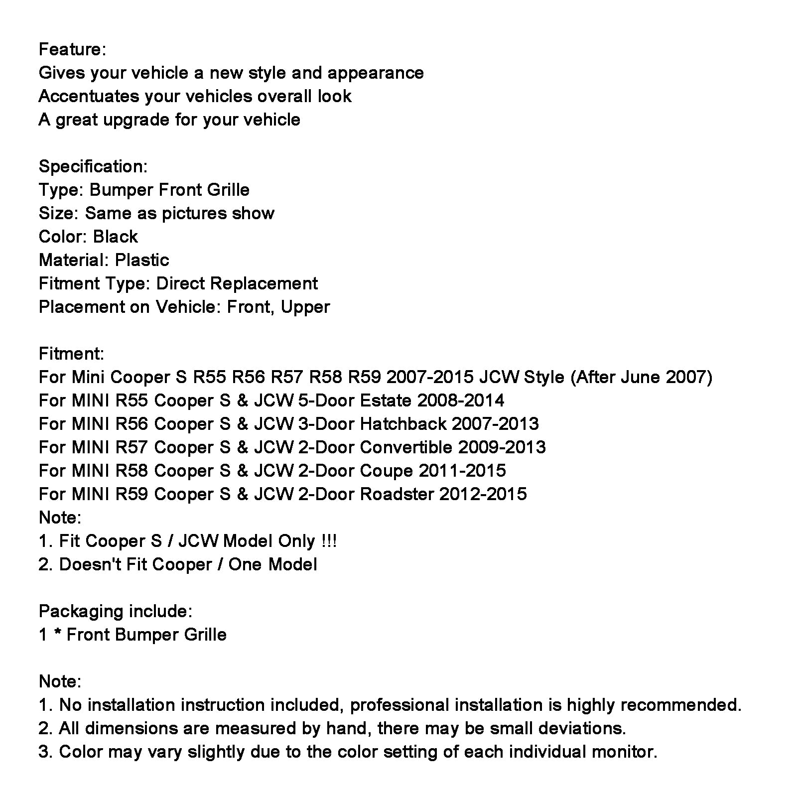 MINI R56 Cooper S uit 2007-2013 & JCW 3-deurs hatchback glanzend zwarte voorbumpergrille