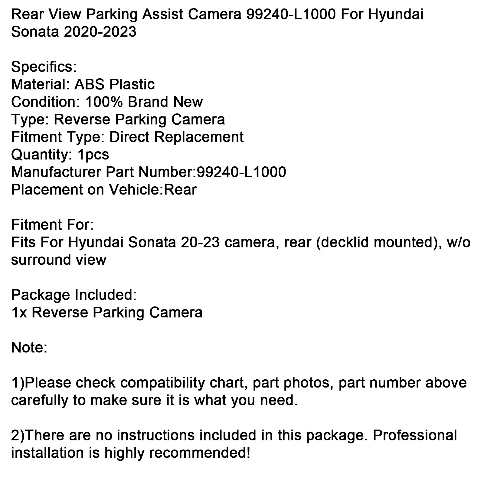 2020-2023 Hyundai Sonata Rear View Parking Assist Camera 99240-L1000