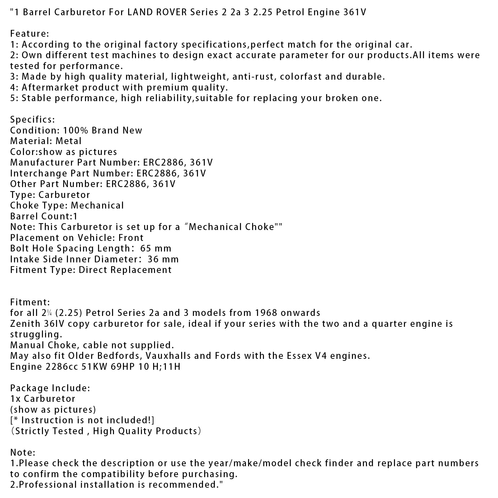 LAND ROVER Series 2 2a 3 2,25 bensinmotor 361V 1 fatförgasare