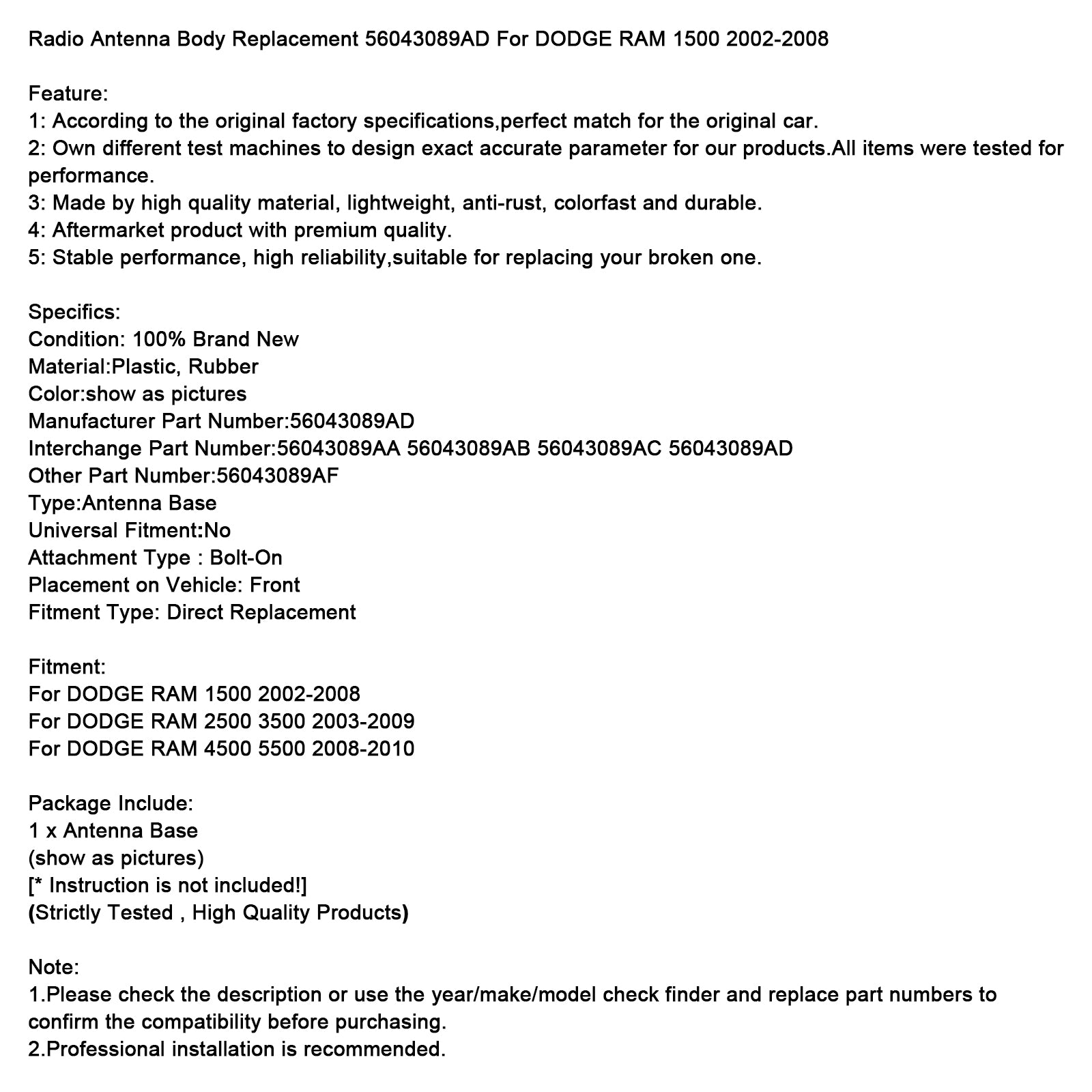 Remplacement du corps de l'antenne Radio 56043089AD pour DODGE RAM 1500 2002-2008