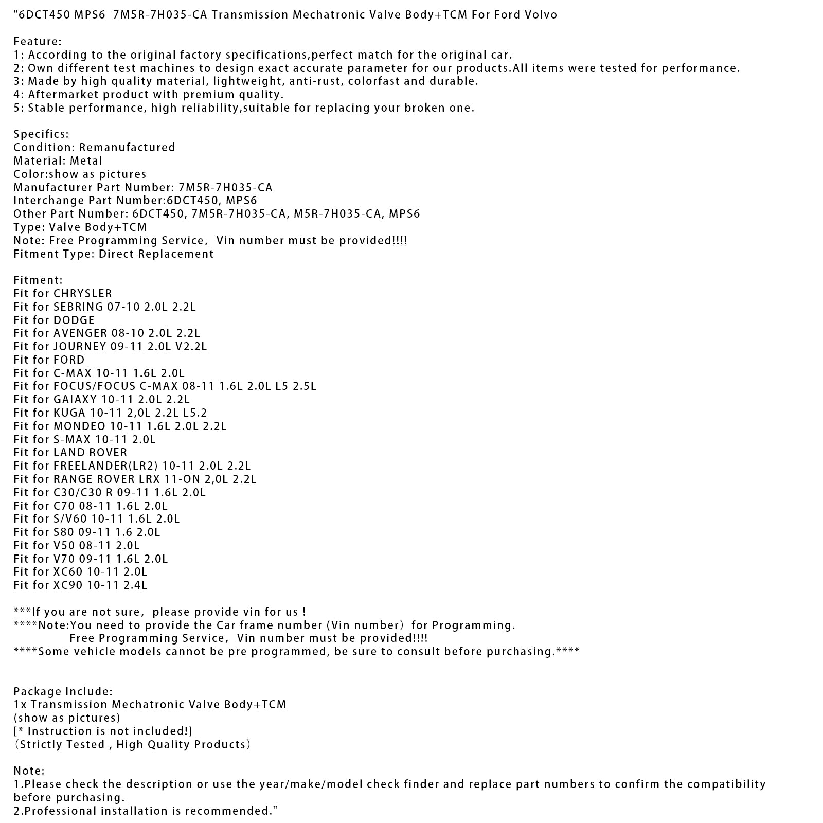 2008-2010 DODGE AVENGER 2.0L 2.2L 6DCT450 MPS6 7M5R-7H035-CA Cuerpo de válvula mecatrónica de transmisión+TCM