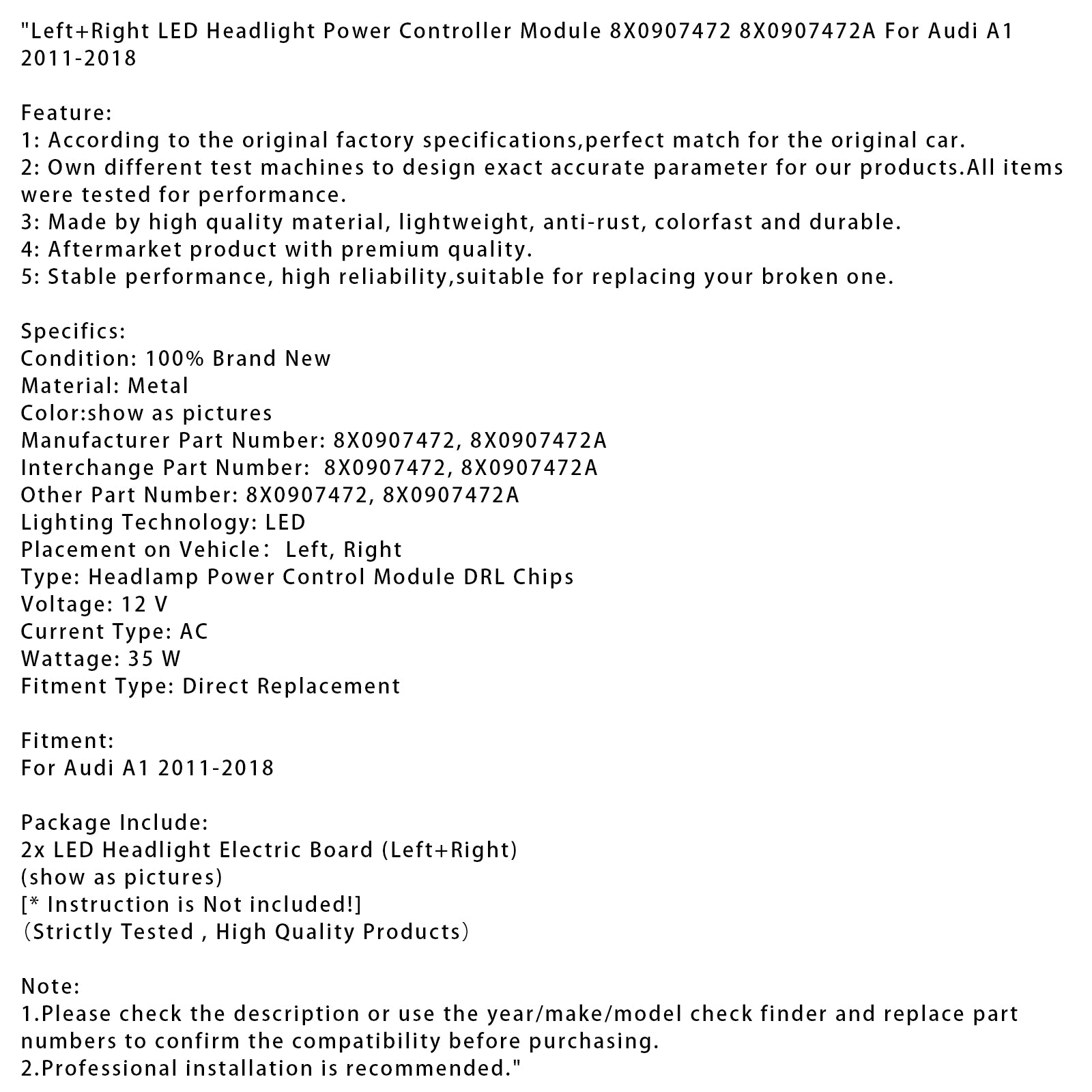 2011-2018 Audi A1 Left+Right LED Headlight Power Controller Module 8X0907472