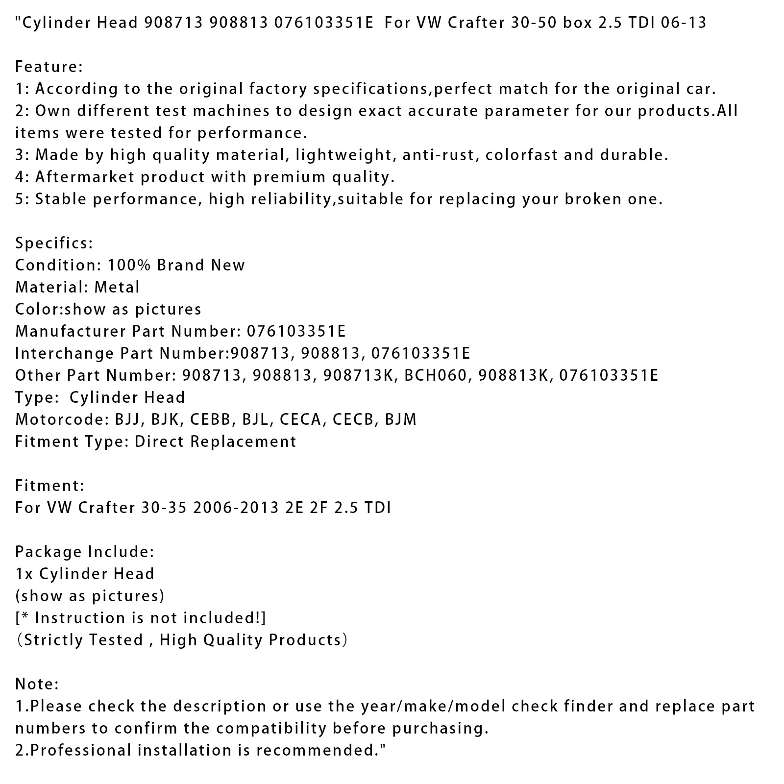 2006-2013 VW Crafter 30-35 2E 2F 2.5 Cabeça do cilindro TDI 908713 908813 07610351E 908713